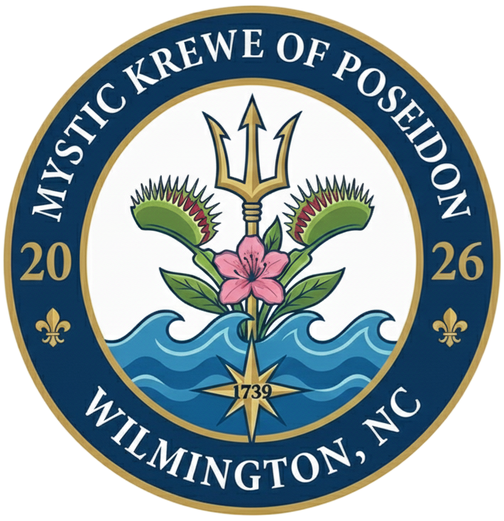Emblem with the text 'Mystic Krewe of Posseidon 2026 Wilmington, NC' surrounding a central design of a trident, two green sea creatures with spiked shells, a pink flower, green leaves, waves, a compass star with the year 1739, and three fleur-de-lis symbols.