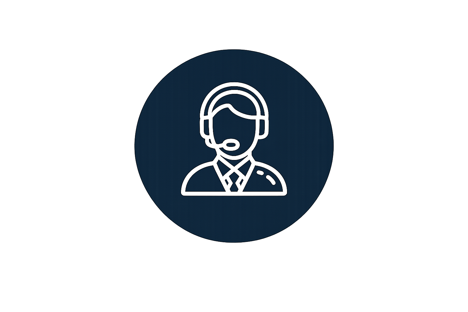 Icon of a customer service representative with a headset in a white outline on a dark blue circular background.