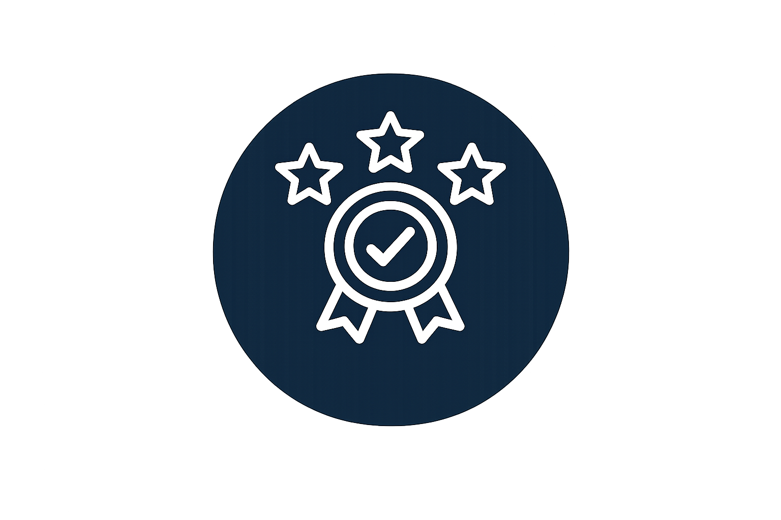 Icon of a ribbon award with a checkmark in the center, surrounded by three stars.