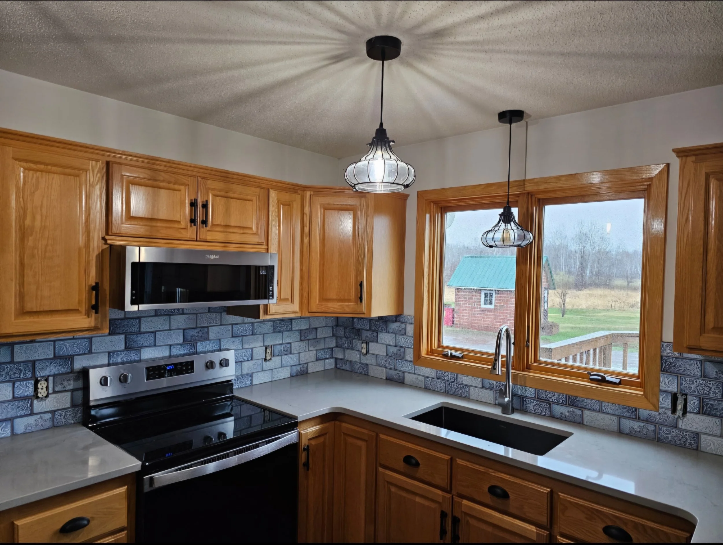 Kitchen with wooden cabinets, a black stove, microwave, a double window, and two hanging pendant lights, overlooking an outdoor area with a small brick building and a grassy yard.