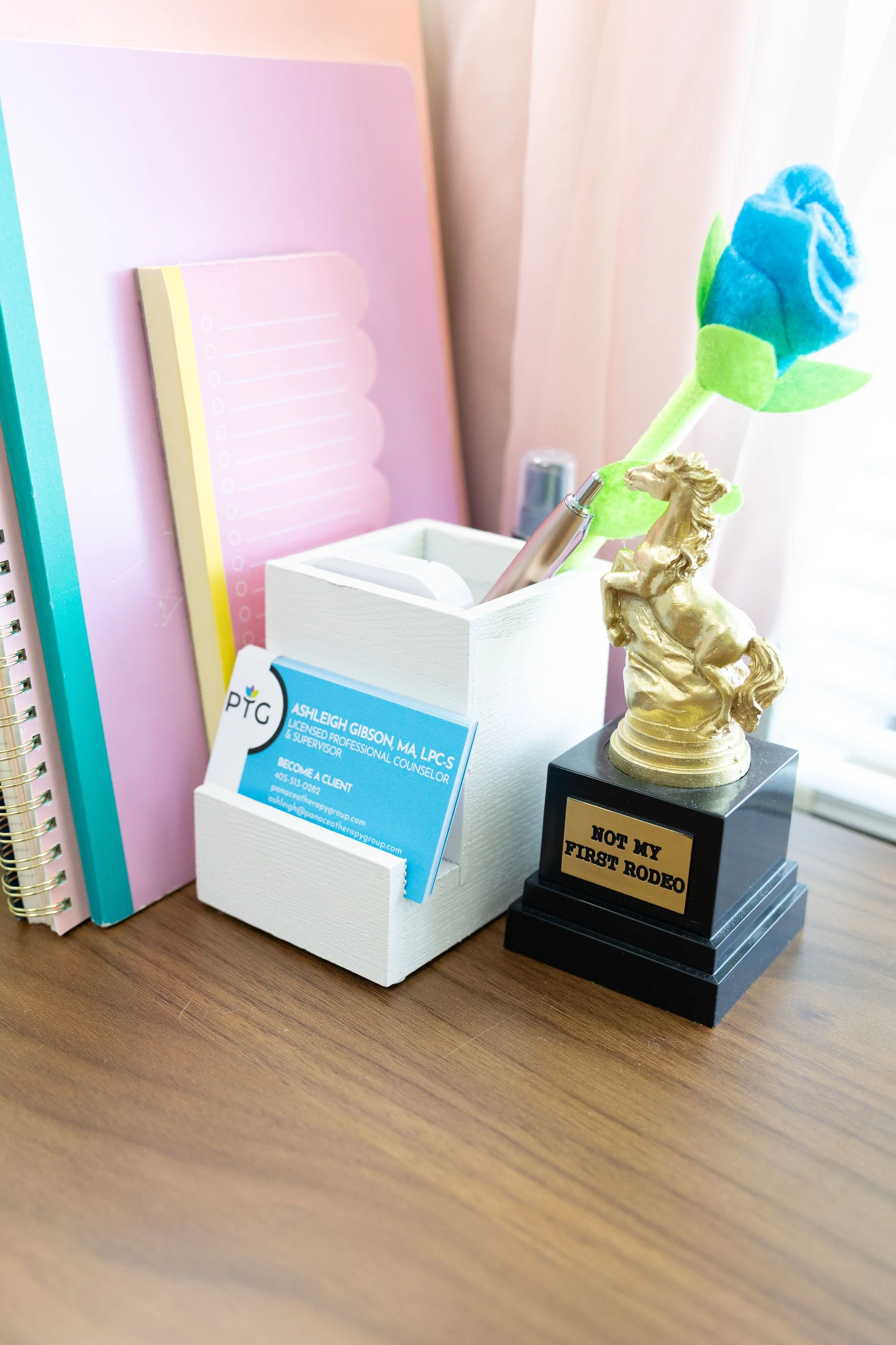 A workspace with various office supplies including a gold horse figurine labeled 'Not My First Rodeo', a blue felt flower, a white organizational box with business cards, colorful notebooks, and a pink notepad.