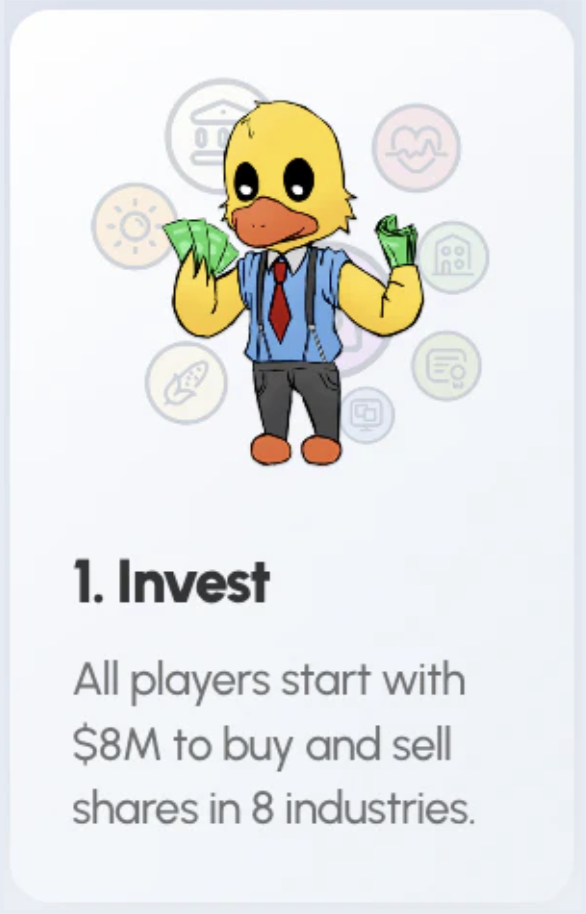 A cartoon duck character in business attire holding money in both hands.
