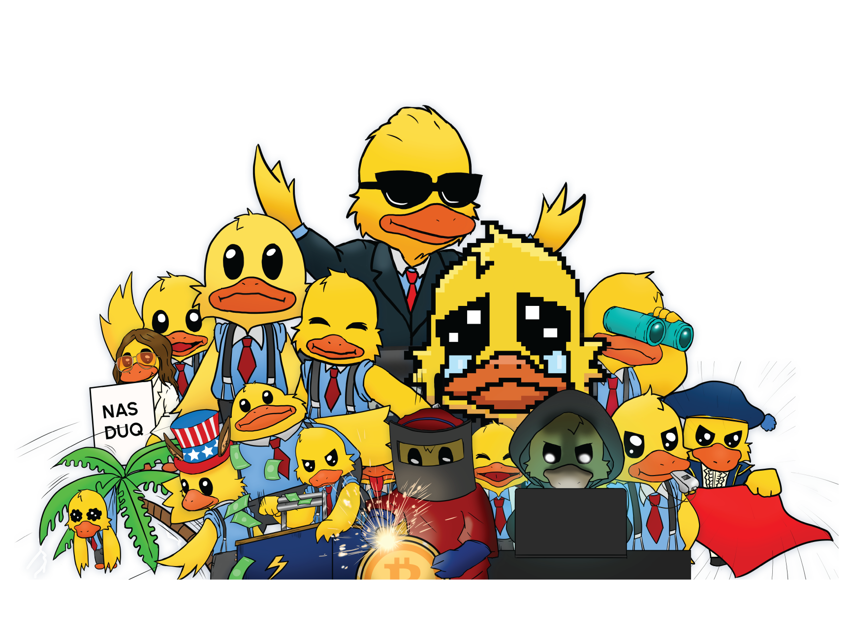 A group of cartoon duck characters dressed as businesspeople and criminals, with some wearing sunglasses, holding a Bitcoin, a laptop, and a sign that says "NAS DUQ", surrounded by trees and plants.