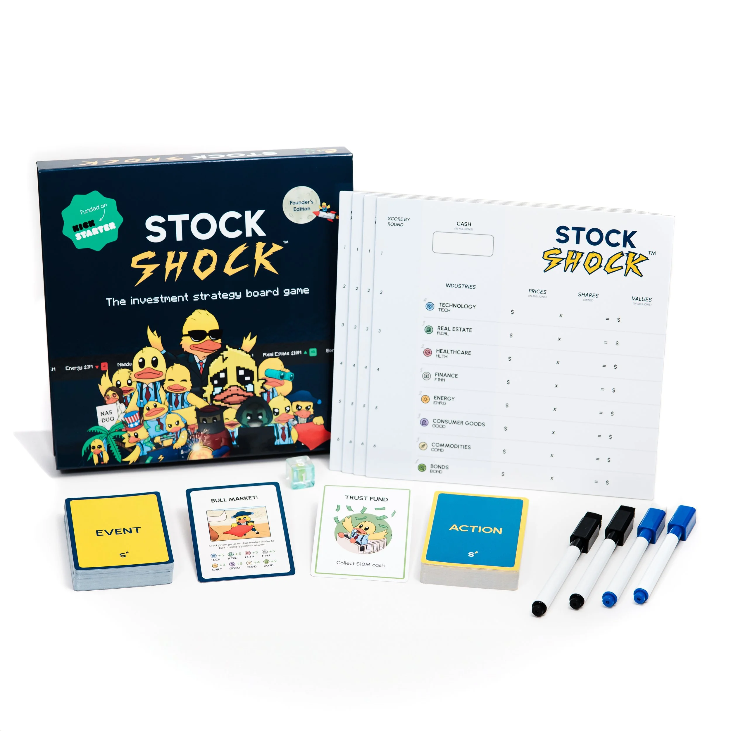 A board game called 'Stock Shock' with game cards, markers, paper sheets, game pieces, and a game box featuring cartoon duck characters in suits.