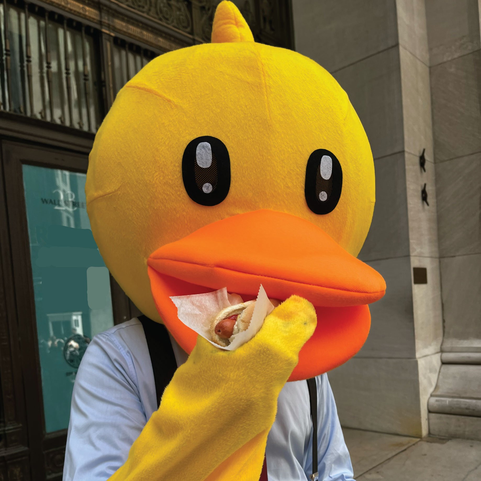 Person in a duck mascot costume eating a hot dog outside a building.