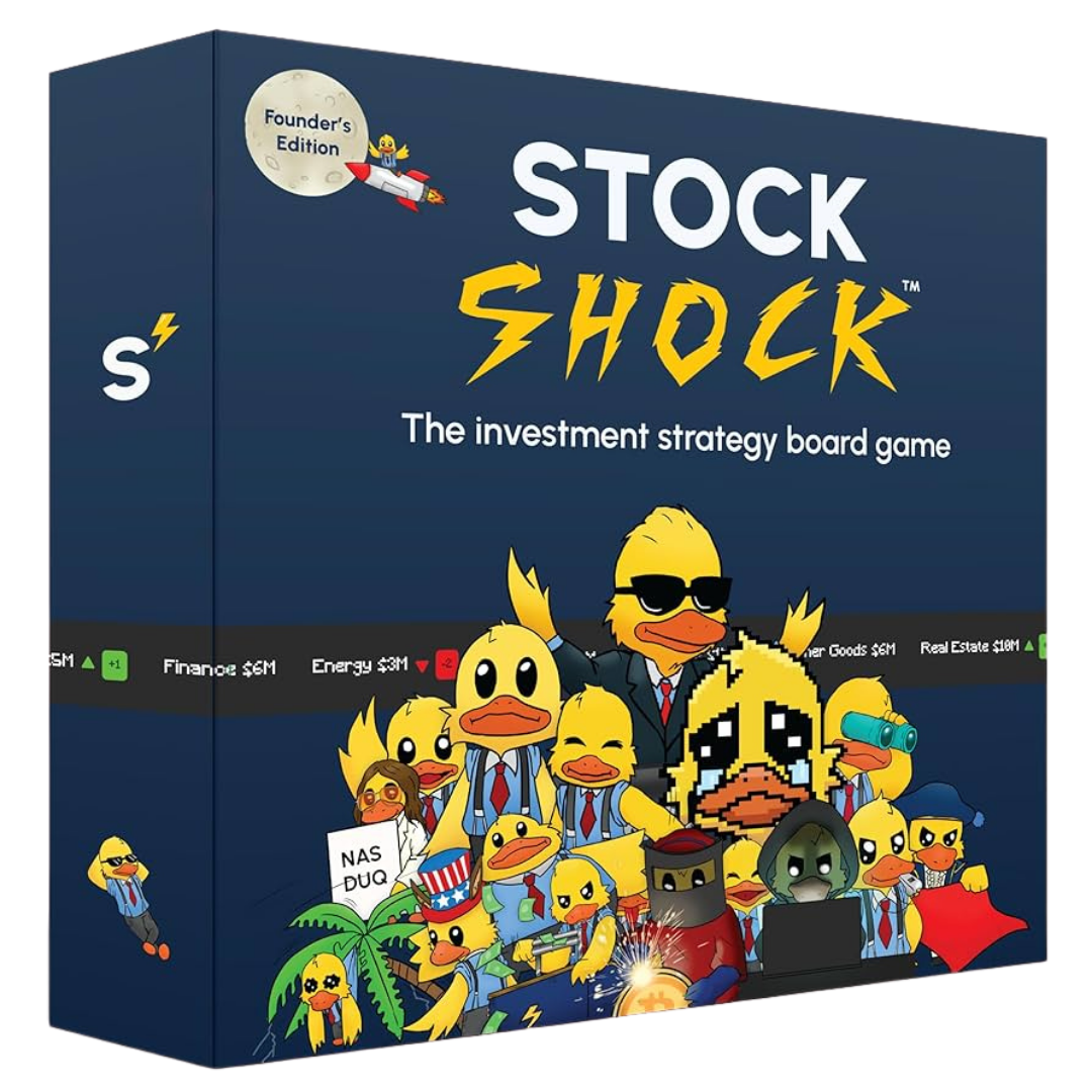 The box art for Stock Shock, a cartoon-style investment strategy board game featuring ducks in suits, a duck with sunglasses, a pixelated crying duck, and ducks holding a sign that reads "NAS DUG." The game is labeled as Founder's Edition and has categories like Finance, Energy, Consumer Goods, and Real Estate with changing stock values.