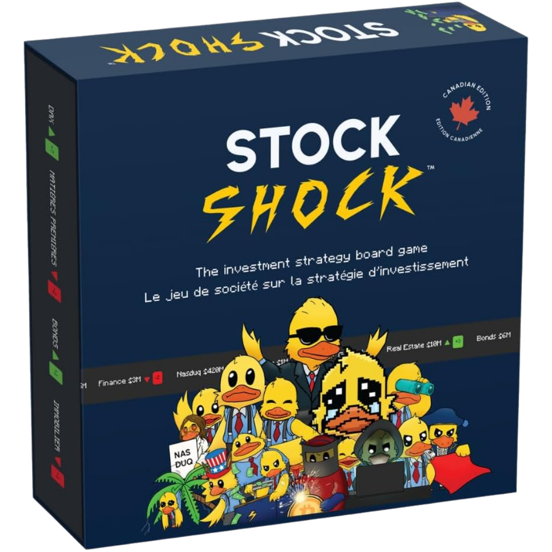 The box cover of a game called 'Stock Shock'. It features cartoon ducks dressed in suits, with some wearing sunglasses, a graduation cap, or using binoculars, and includes text in English and French about investment strategy.