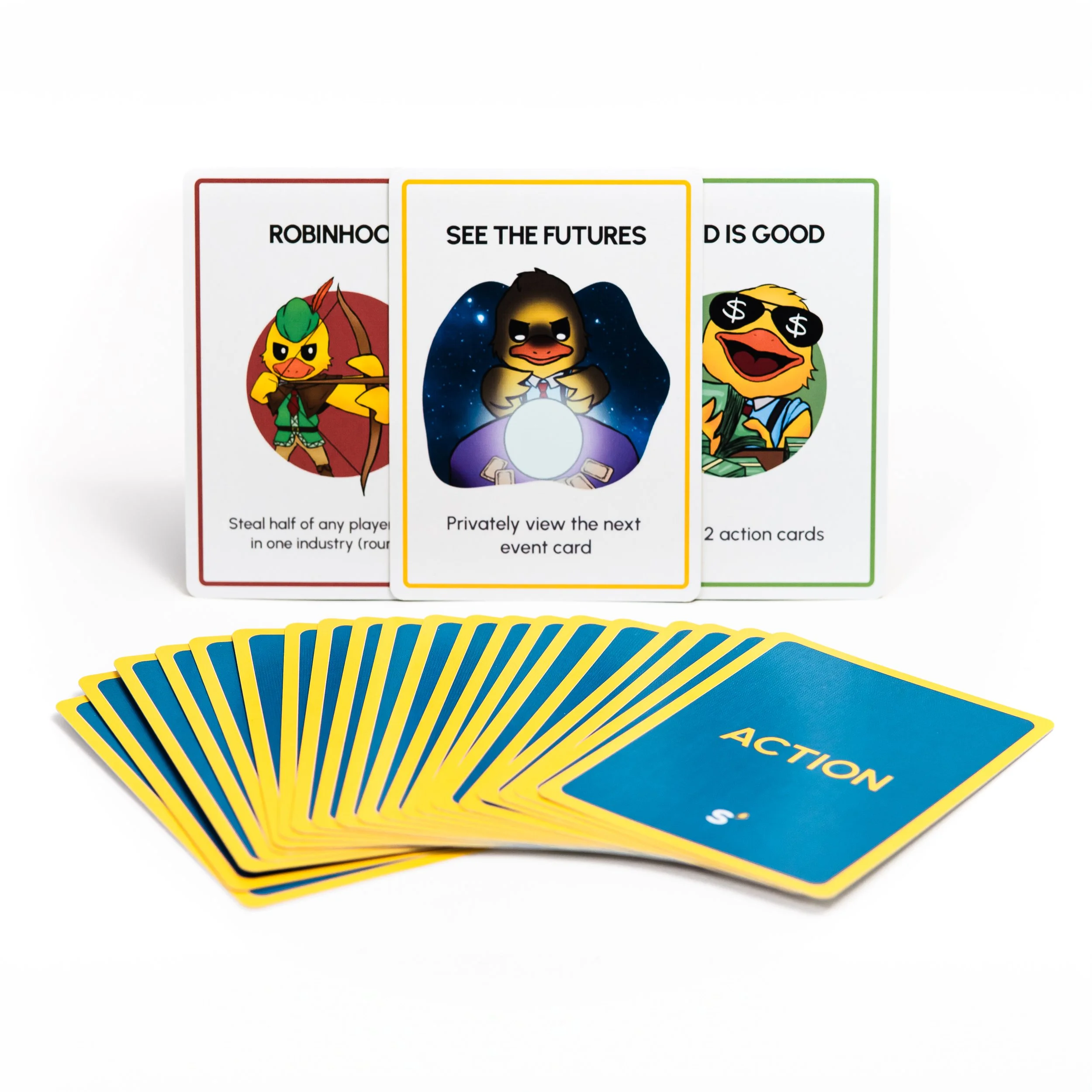 Cards from 'Exploding Kittens' card game, featuring illustrations of ducks with humorous text, and a set of blue action cards with yellow borders, including one labeled 'ACTION'.