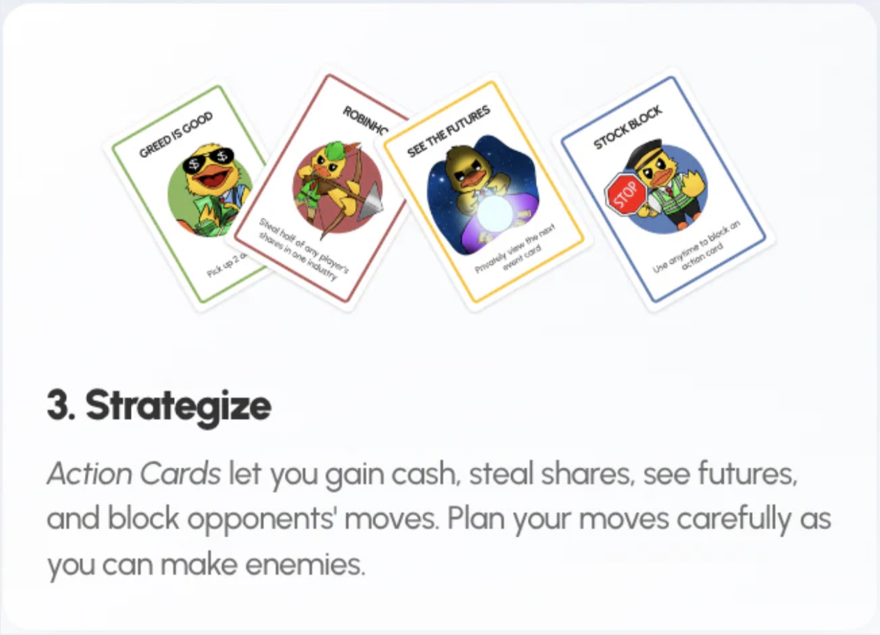 Four colorful action cards with cartoon characters and instructions, arranged in a fan shape, with some cards overlapping each other.