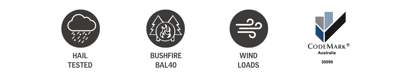 Icons representing hail tested, bushfire BAL40, wind loads, and a CodeMark certification label from Australia.