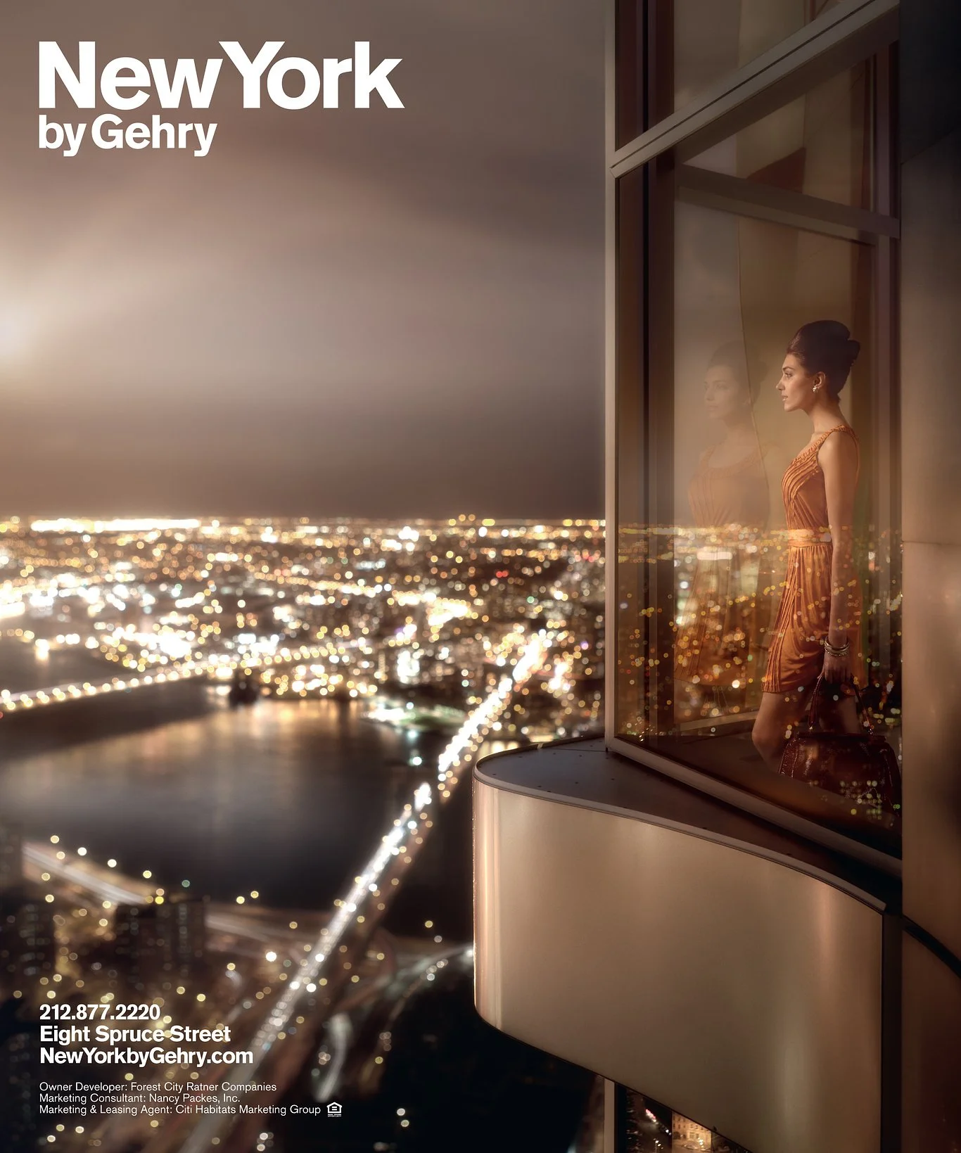 A woman in an orange dress looking out a glass window at night, with city lights and a river below.