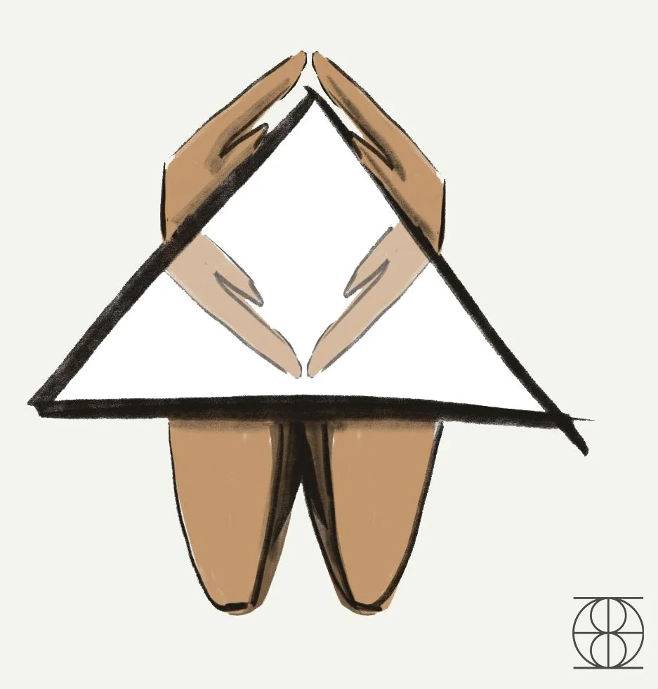 A stylized drawing of two hands forming a diamond shape with arms and torso, with brown hands and legs, and a black triangle outline around the upper part.