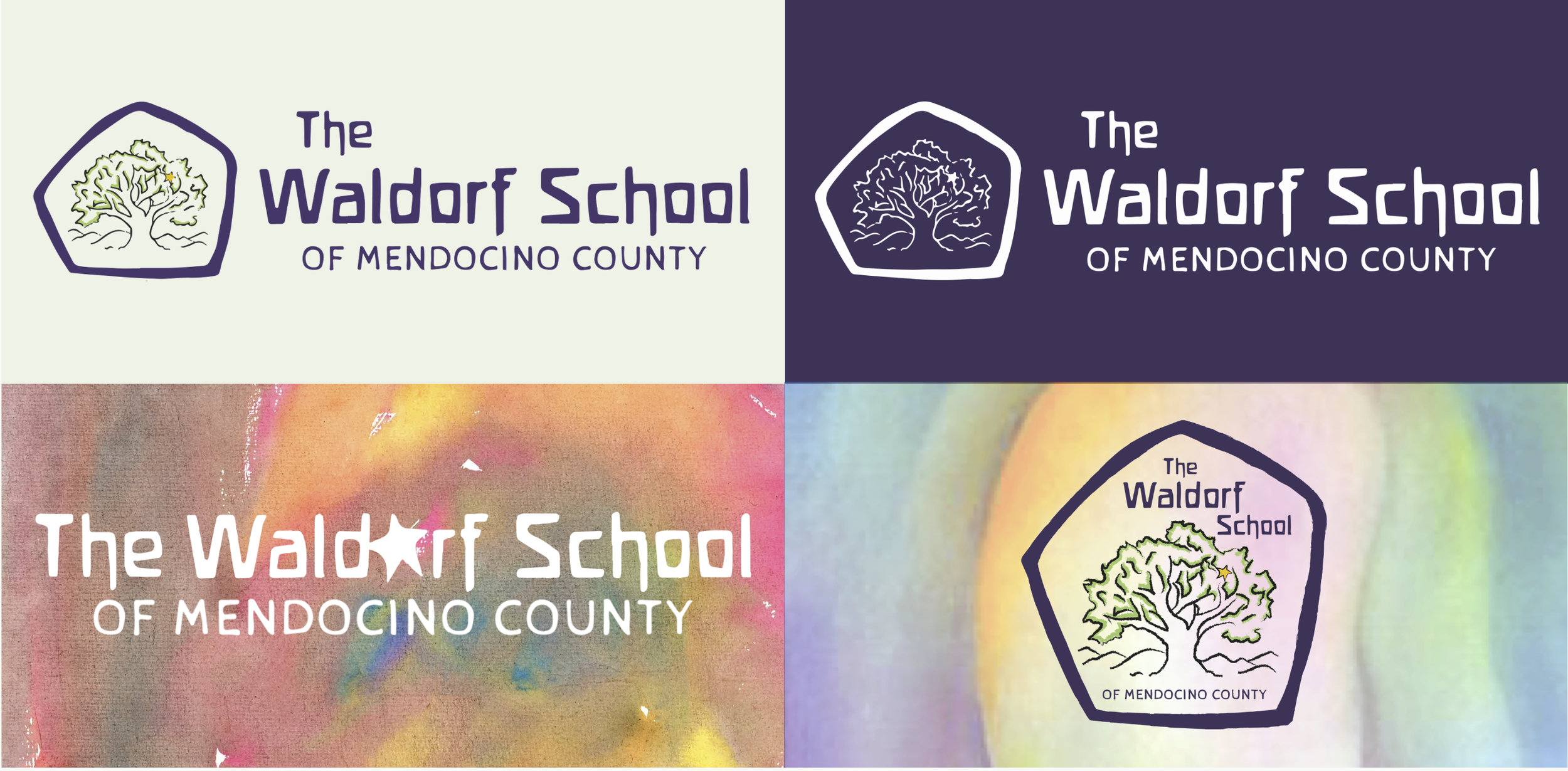 Four different versions of the logo for The Waldorf School of Mendocino County, featuring a stylized tree inside a shape, with varying backgrounds and font styles.