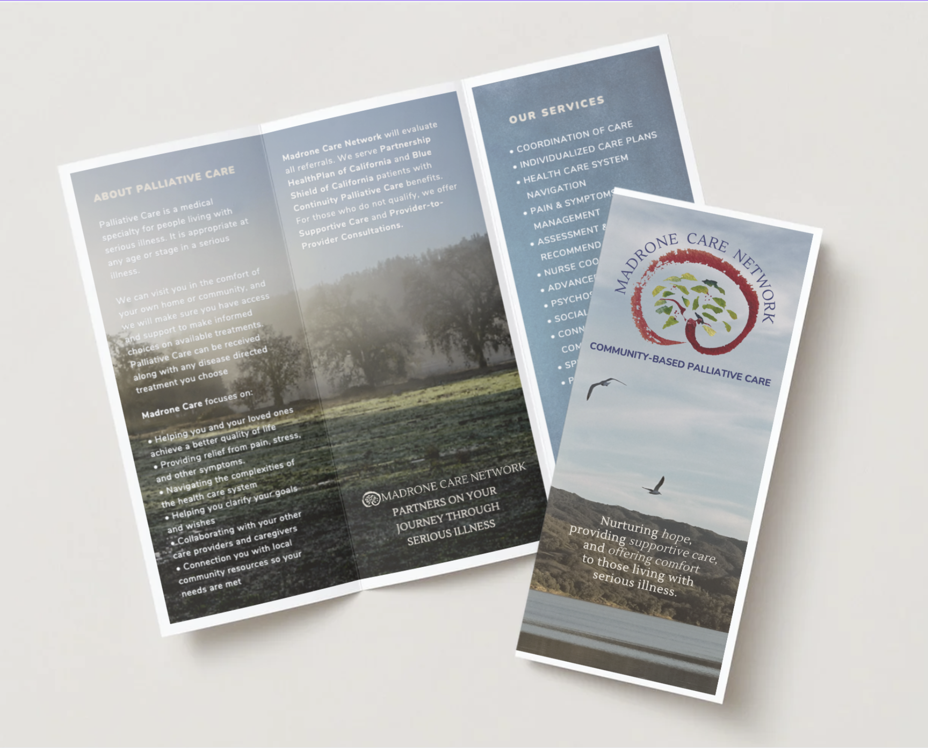 Brochure and bookmark for Madrone Care Network, a community-based palliative care organization, featuring text about services, philosophy, and contact information, with an image of a tree and bird on the cover.