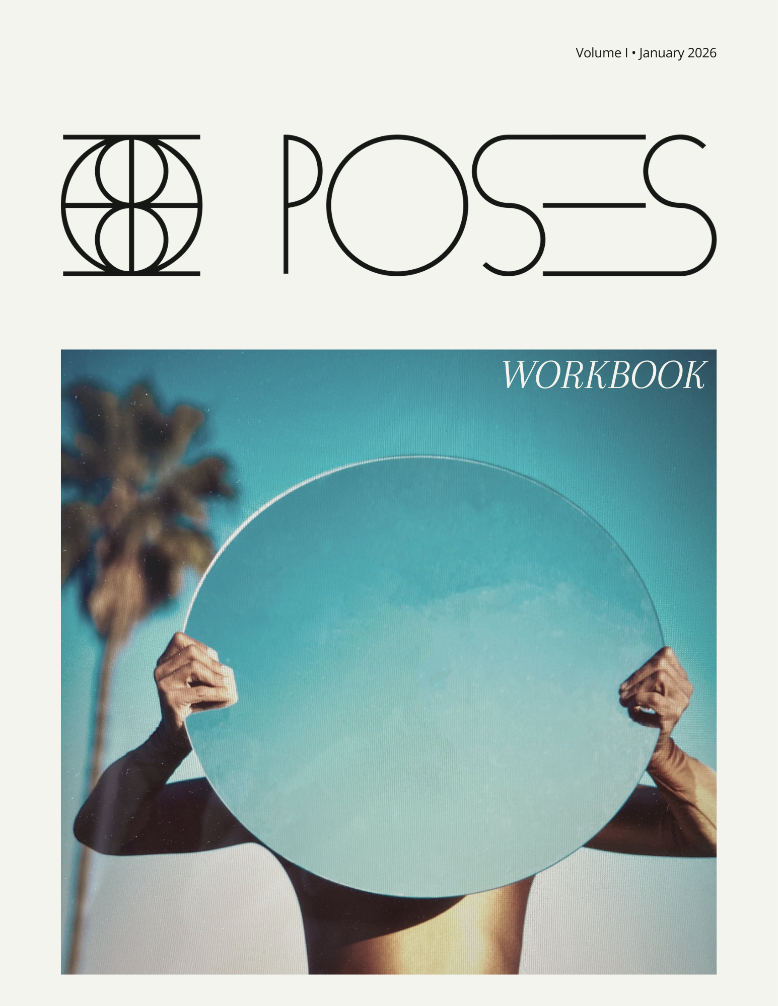 Cover page of a workbook titled 'Post', Volume 1, January 2026, featuring a person holding a large round mirror obscuring their face with a background of palm trees.
