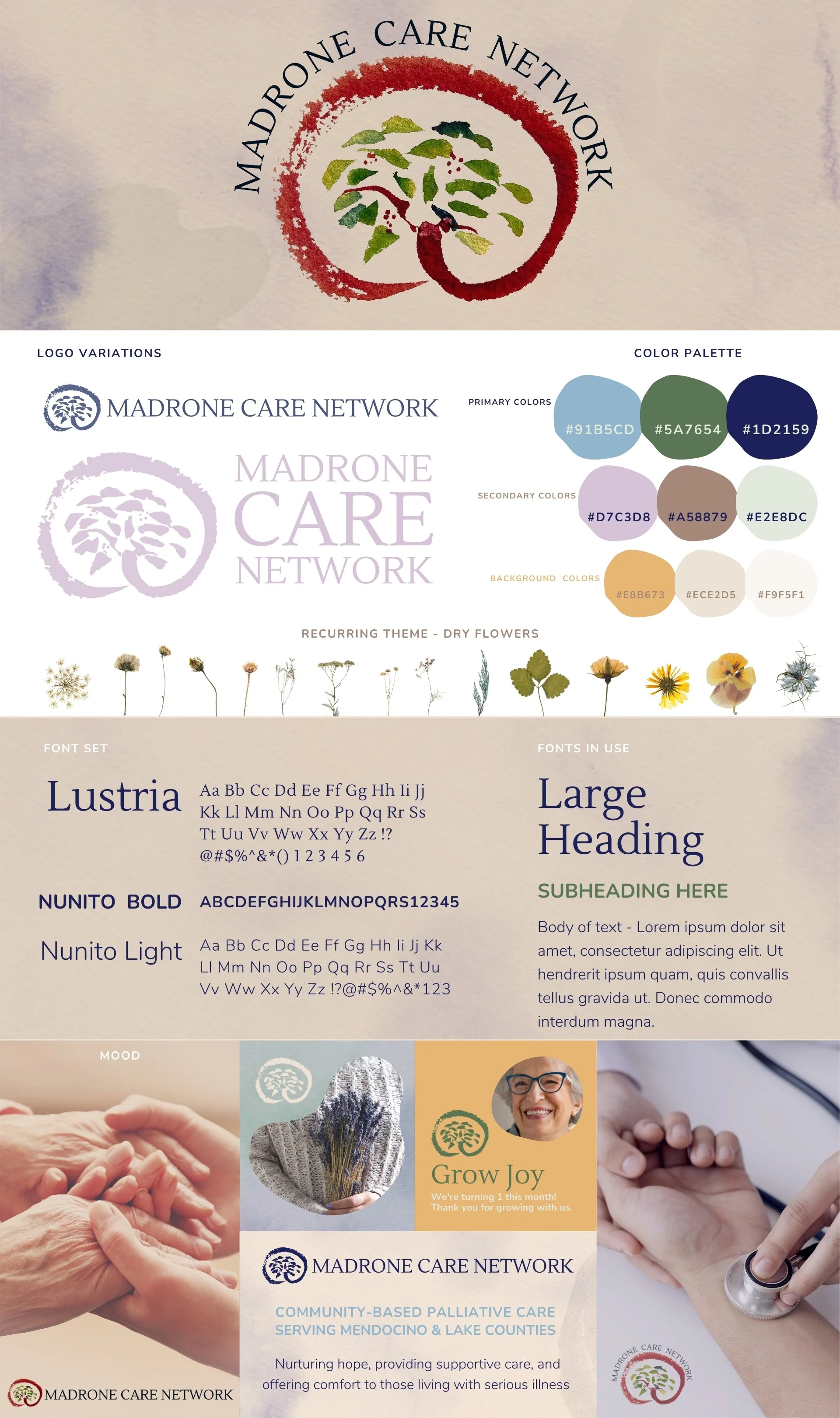 A branding board for Madrone Care Network featuring their logo, color palette, font choices, images of dry flowers and caring scenes, and text about community-based palliative care.