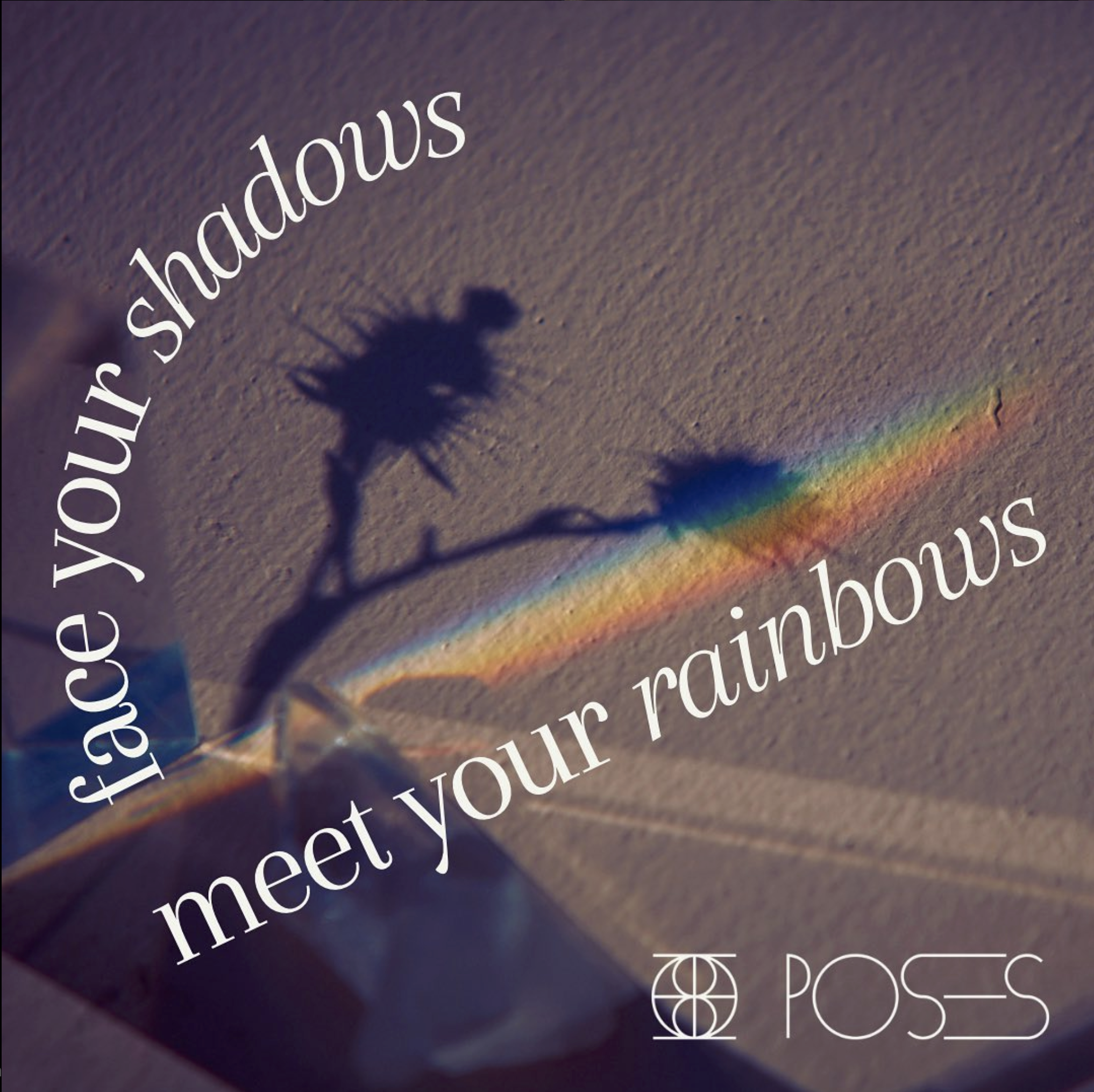 Shadow of a potted plant cast on a textured wall with a rainbow-colored light reflection. Overlaid text reads: 'face your shadow surrender meet your rainbow'. Logo at the bottom says 'POSE'.
