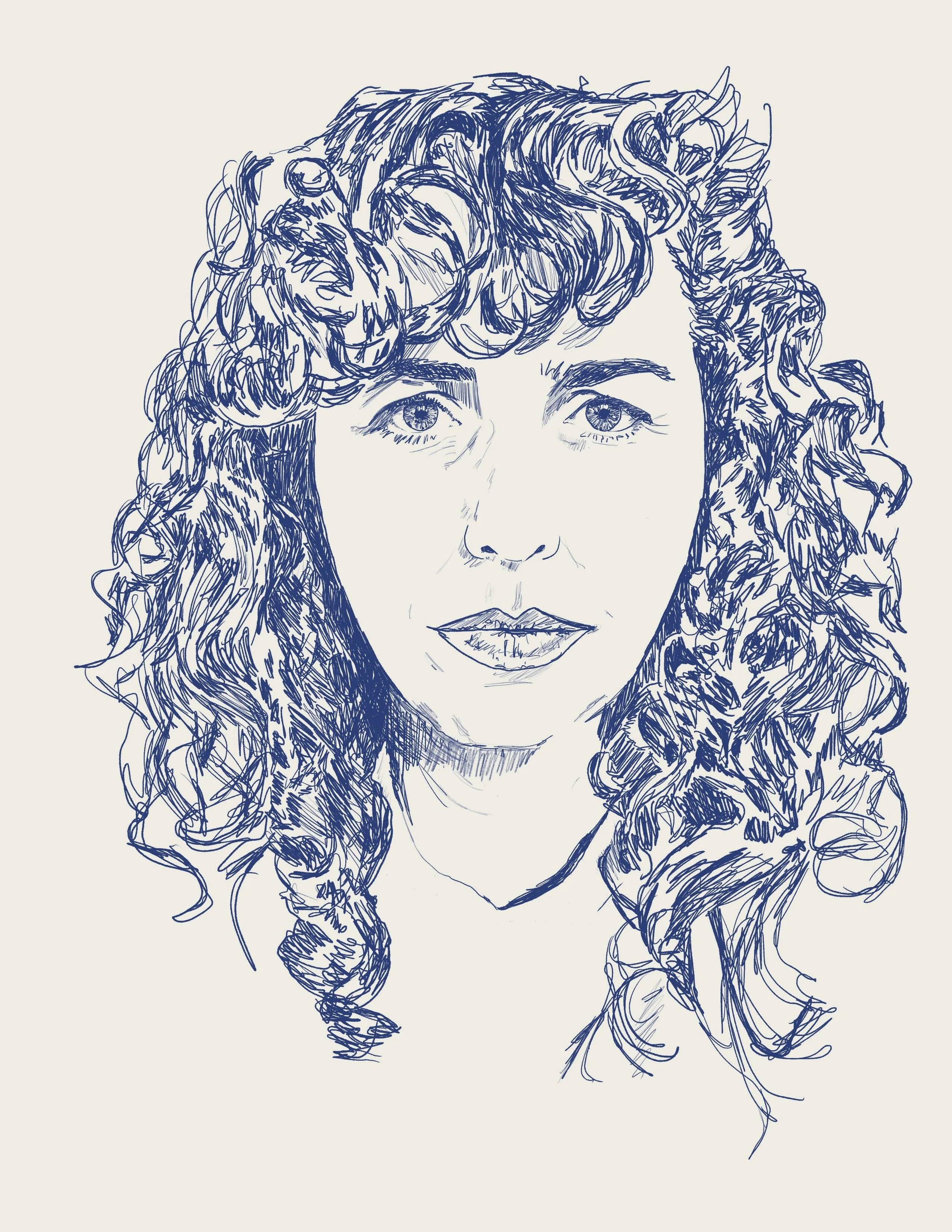 Line drawing of a woman with curly hair and expressive eyes and lips.