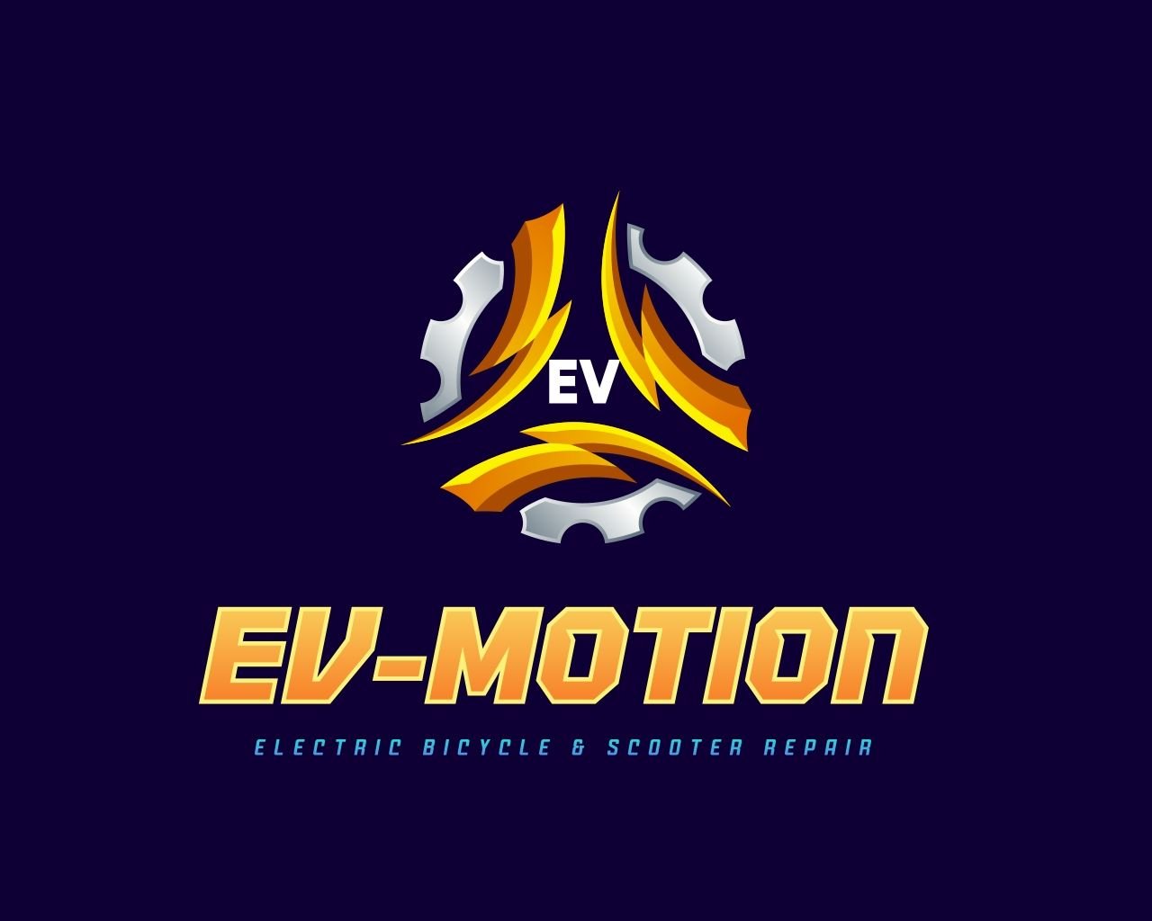 Logo for EV-Motion Electric Bicycle and Scooter Repair, featuring a shield-like design with gears and flame elements, and the text EV-Motion in bold yellow and orange gradient font.