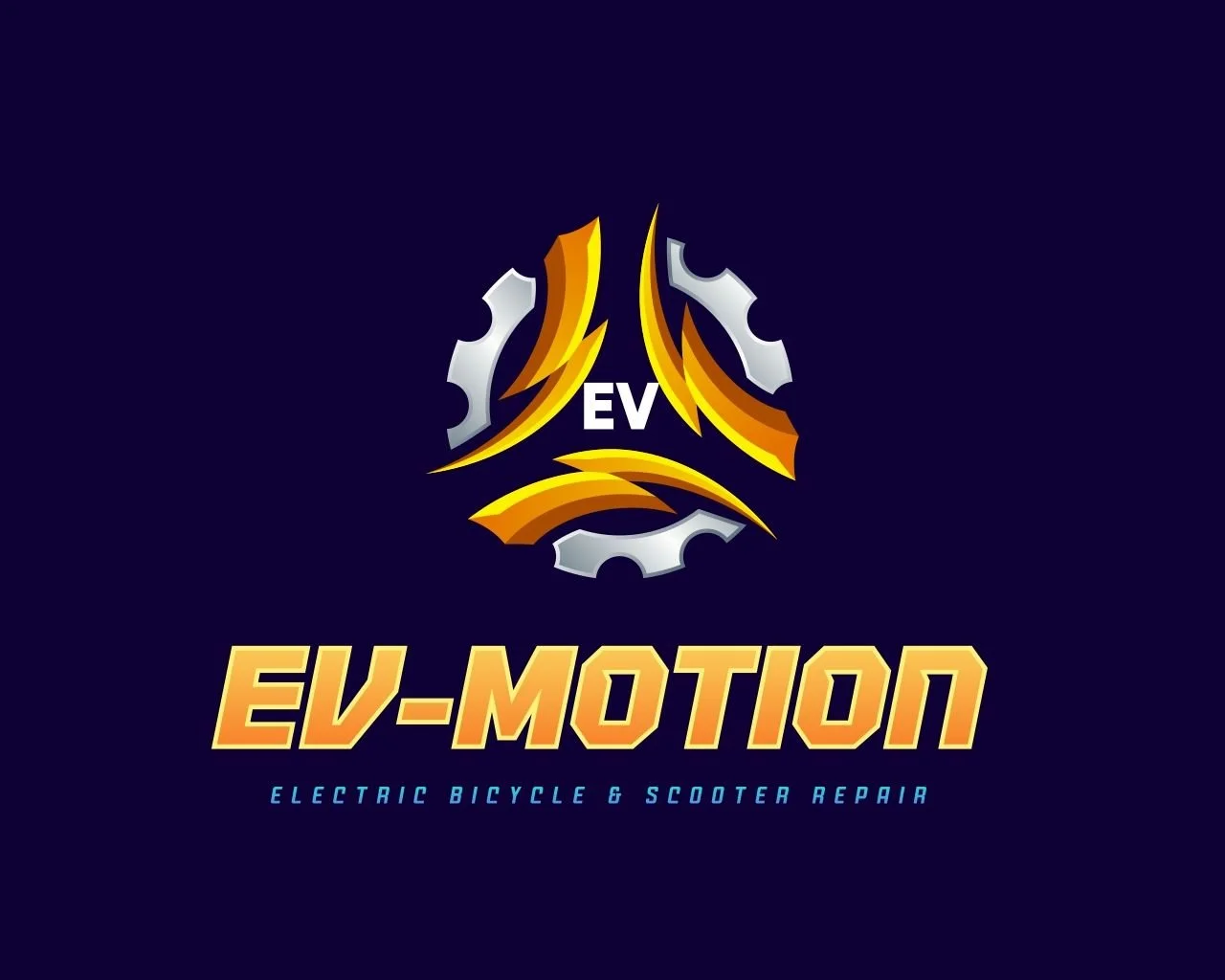 Logo for EV-Motion, an electric bicycle and scooter repair business, featuring a gear and flame design with the text "EV-Motion" and tagline "Electric Bicycle & Scooter Repair".