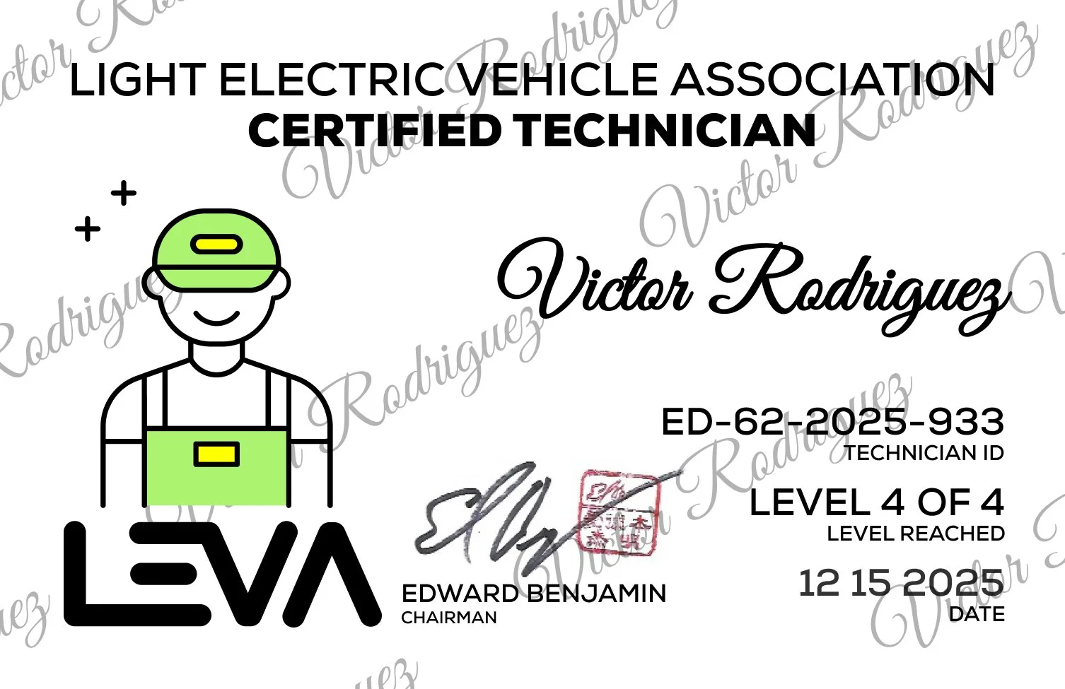 Certification card for Victor Rodriguez from the Light Electric Vehicle Association, indicating level 4 technician reached on December 15, 2025, with signature and ID number ED-62-2025-933, featuring a stylized EV logo and an illustration of a person with a hat and safety vest.