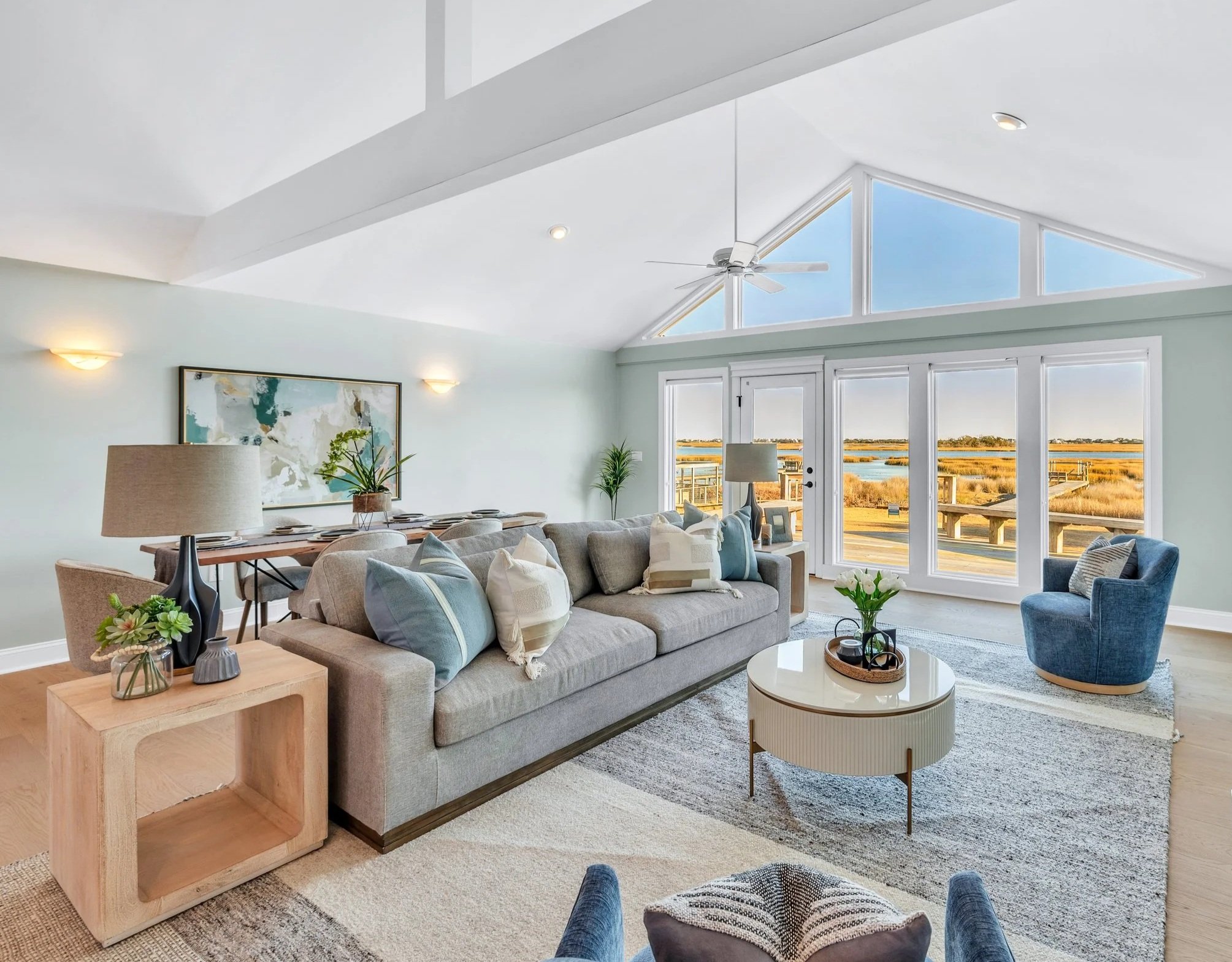 Modern Coastal Living Room with Light Blues and Neutral Tones