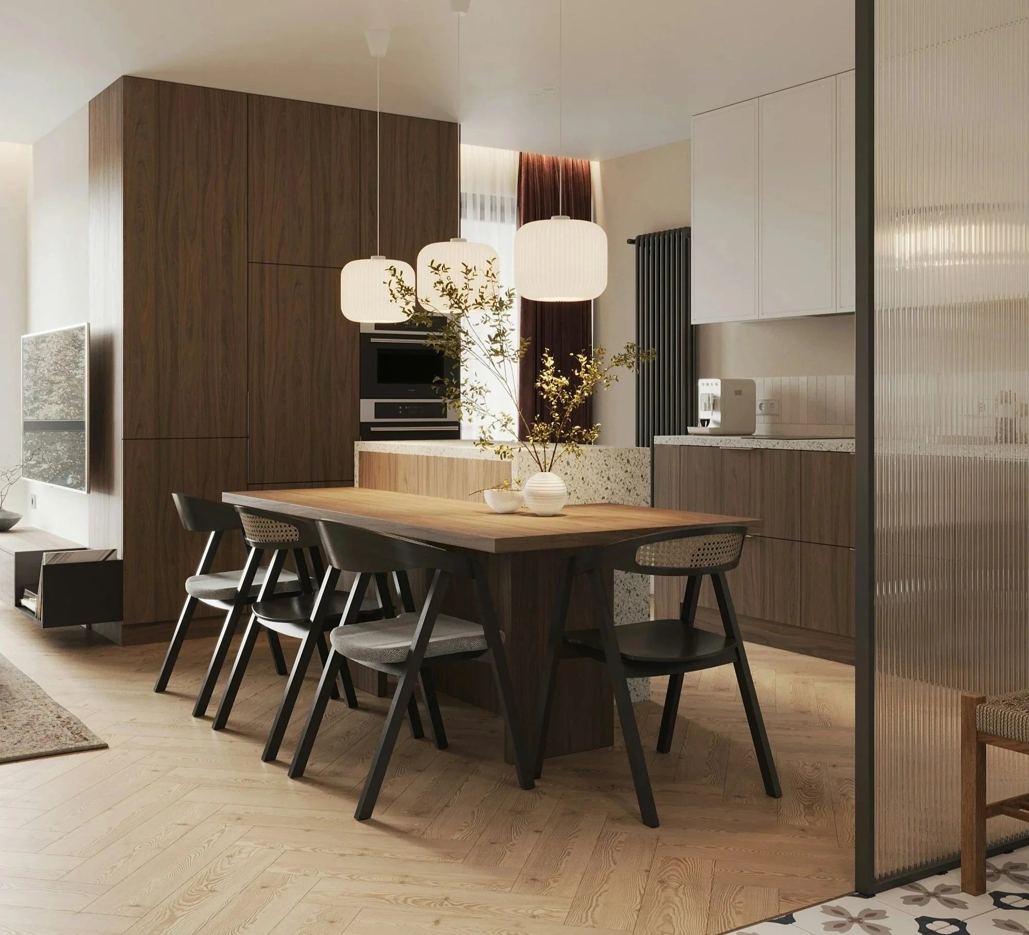 Dining room showing how to mix wood tones with light and dark wood