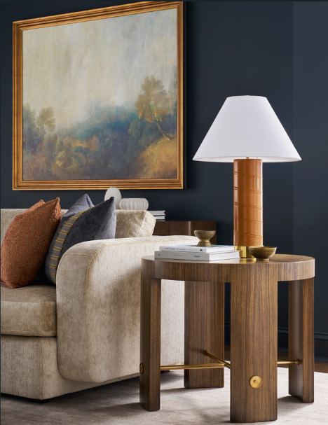 Dark blue painted accent wall behind a sofa with complimenting accents