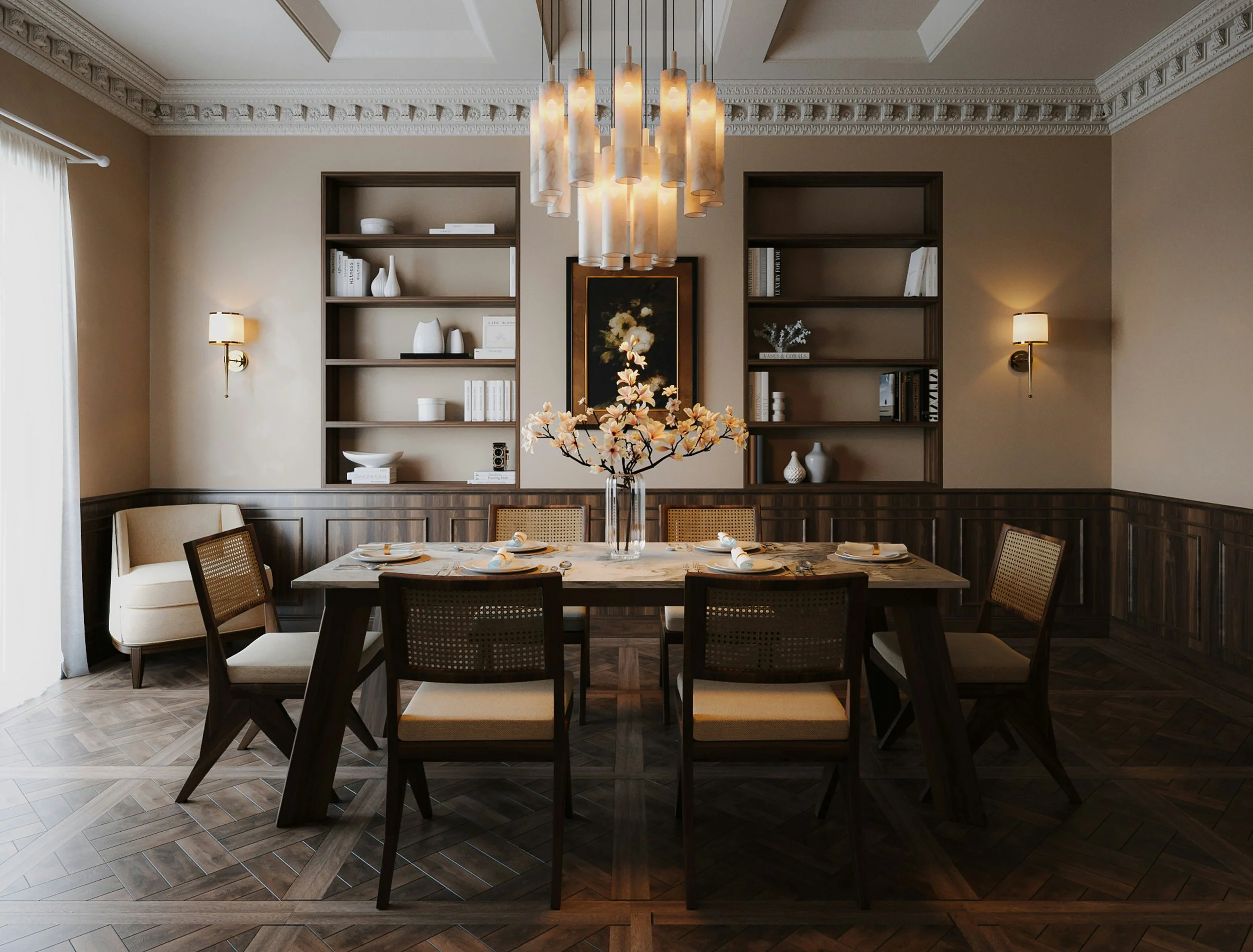 Detailed baseboards anchoring a refined interior design dining room