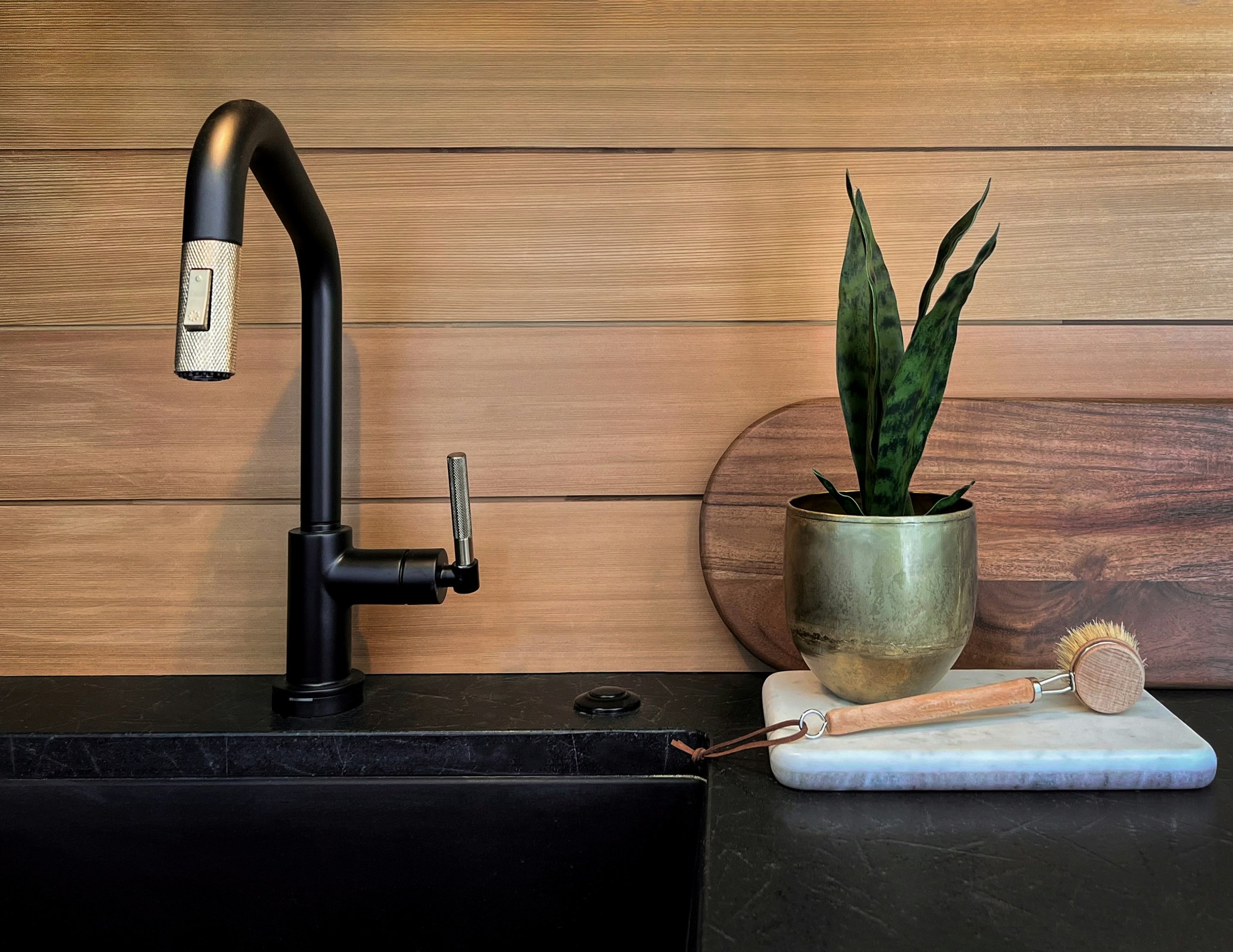 Kitchen Sink with Black and Brass Mixed Metal Faucet