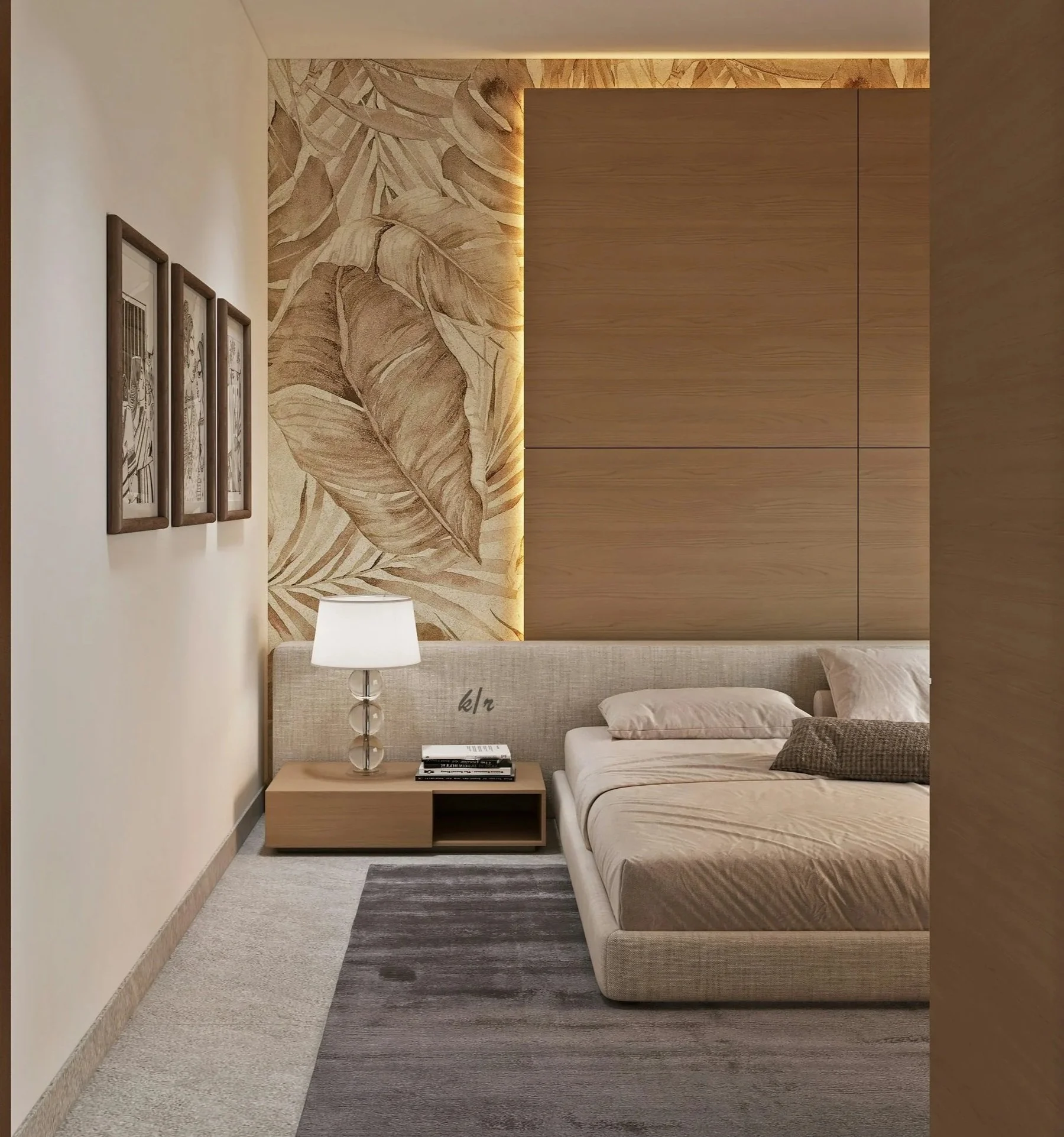 Wallpaper and wood panel accent wall behind bed