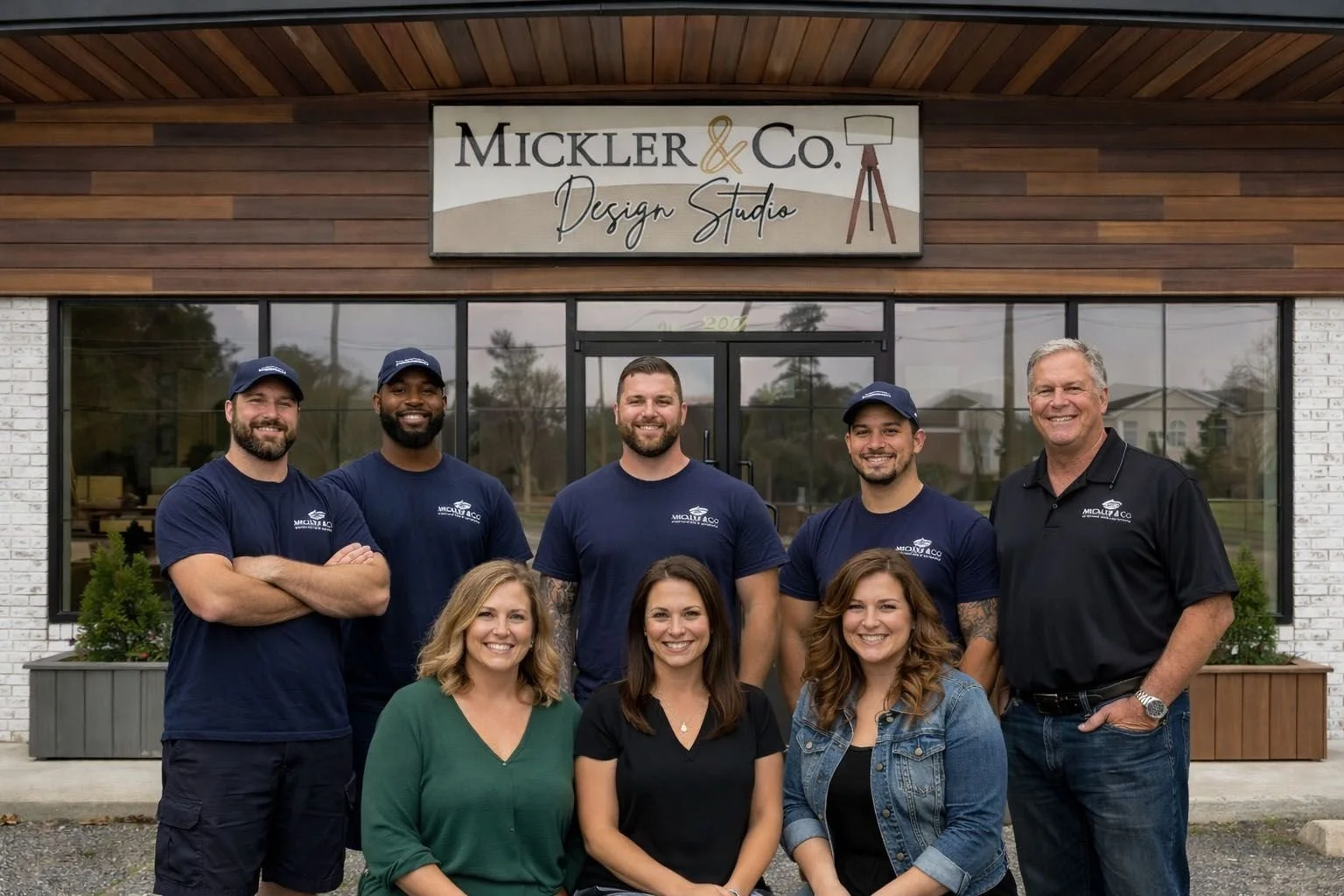 Group of eight people standing in front of a design studio building with a sign that reads 'Mickler & Co. Design Studio'. The group includes five men and three women, all smiling, with some wearing navy blue shirts and caps with a logo, and one woman in a black shirt and another in a denim jacket.