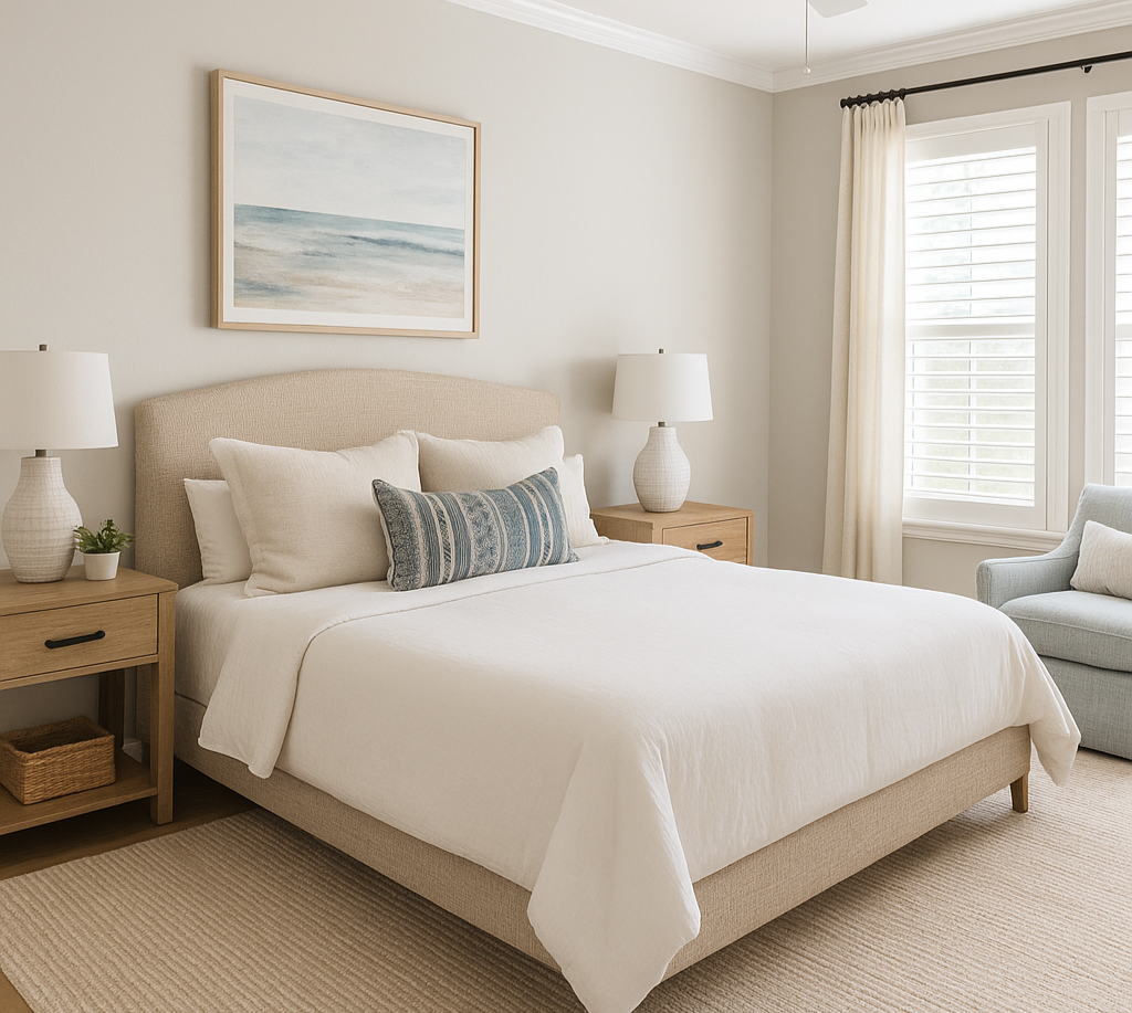 Elevated coastal bedroom design with neutral tones and layered textures