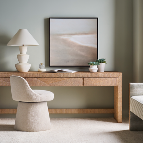 Modern Coastal Home Office with Seafoam Green Wall Color and Rattan Desk