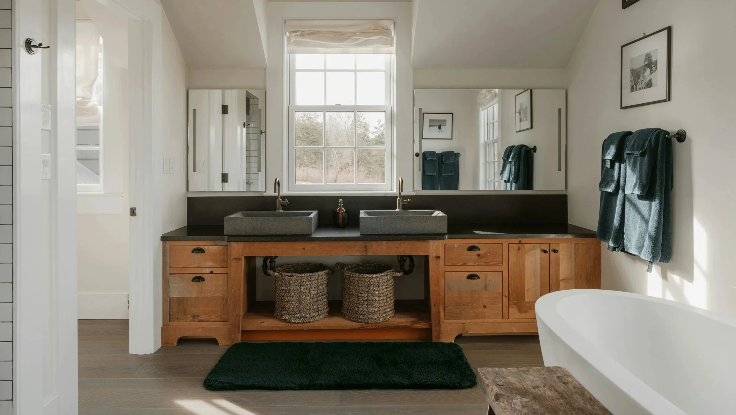 Bathroom design with multicolored wood tones