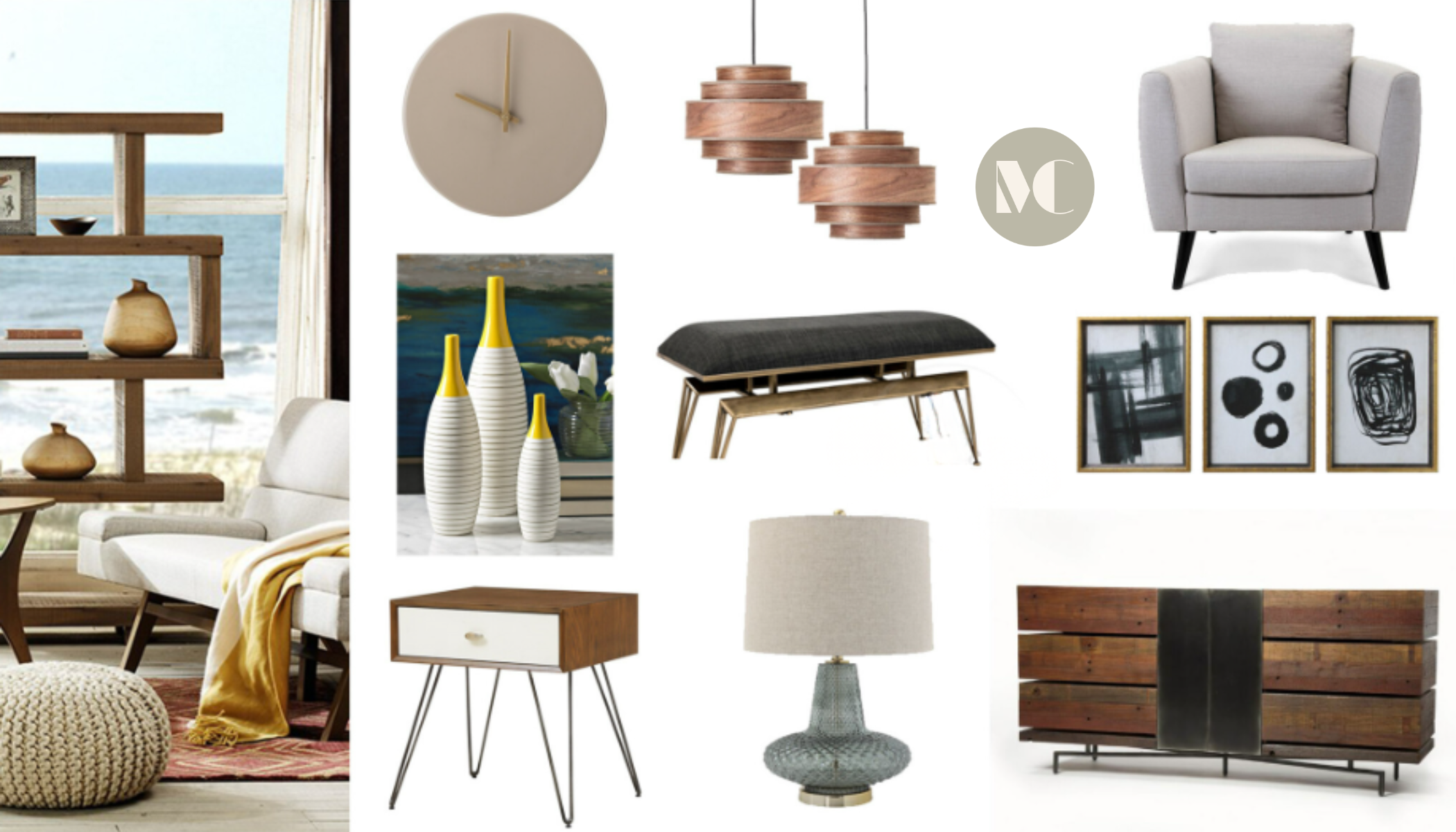 This image is an interior design concept board showcasing a coastal mid-century modern living room mood board. It features structured furniture, textured decorative accents, and warm wood finishes balanced by clean, contemporary styling.