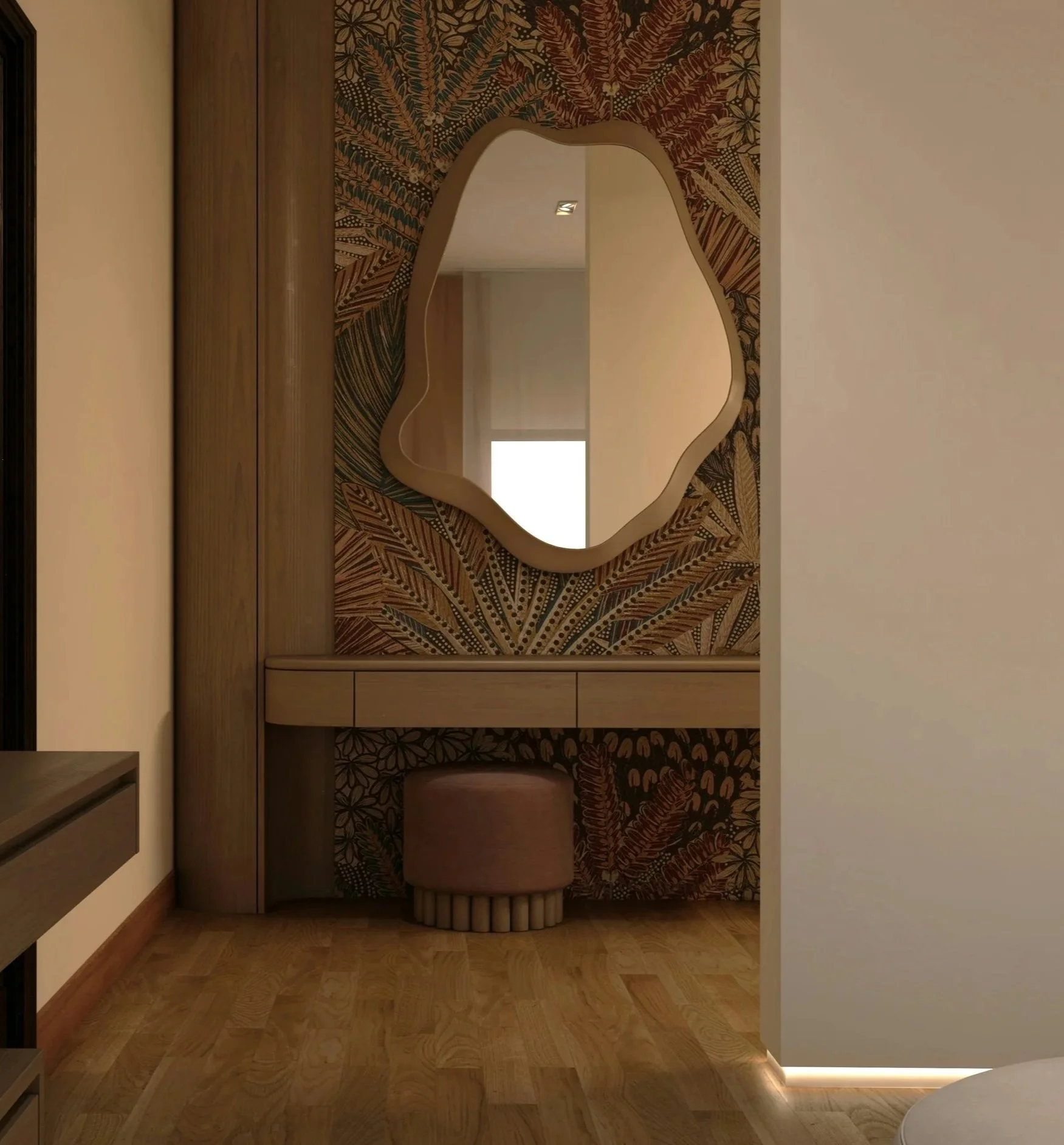 Botanical wallpaper accent wall entryway built-in with upholstered ottoman