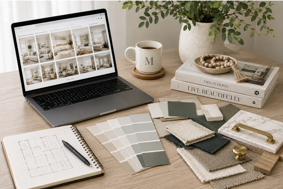 A Wilmington interior designers workspace with a laptop displaying interior design images, a mug of coffee, paint swatches, fabric samples, a sketchbook,  ready for a virtual design consultation