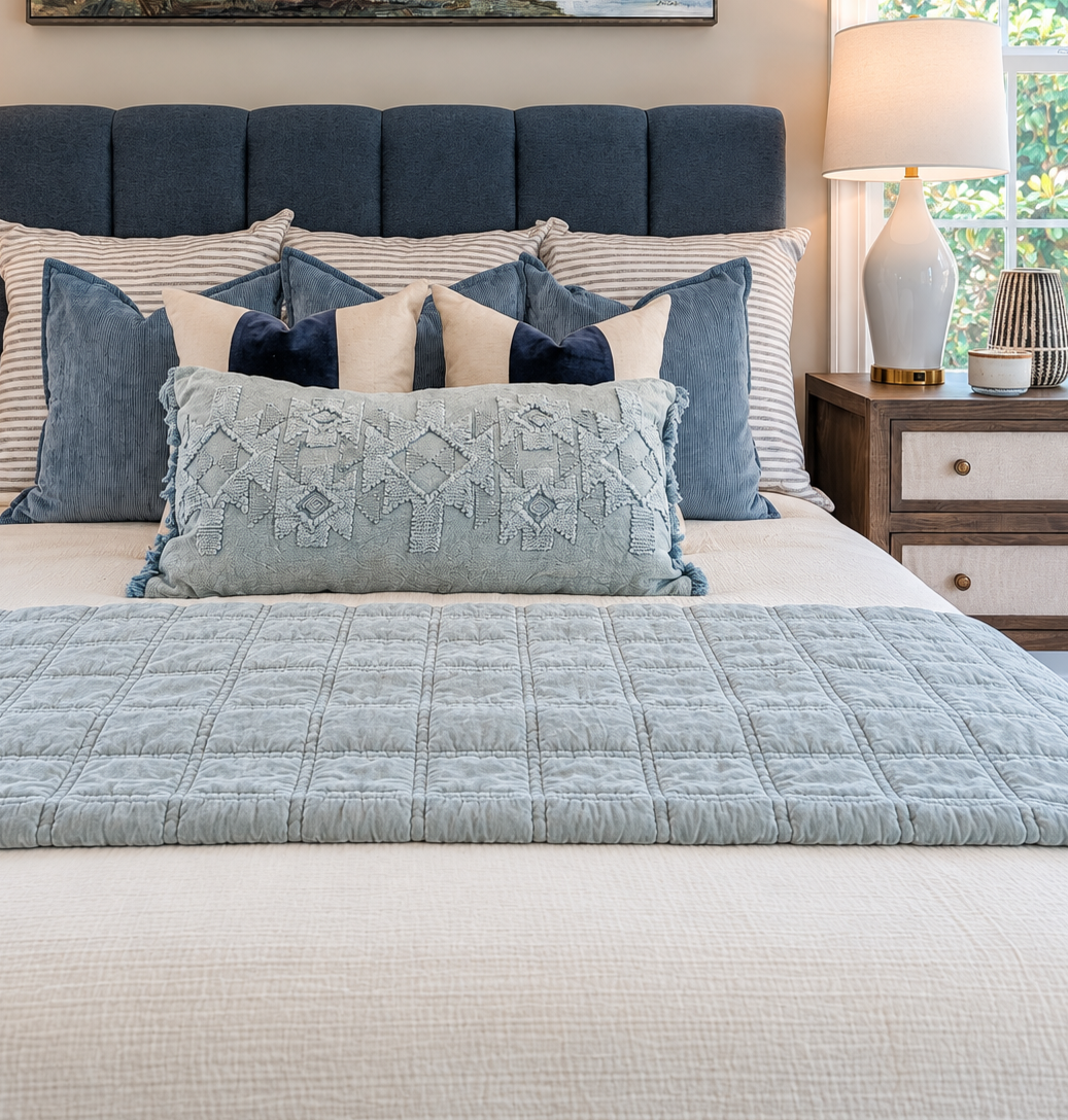 Blue coastal styled bed with neutral comforter