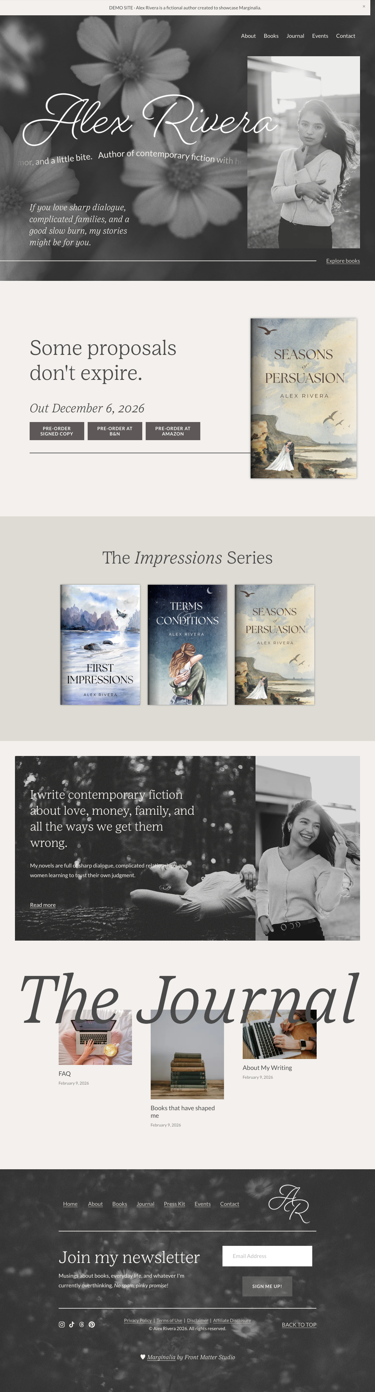 Screenshot of the Marginalia template, featuring demo content for a fictional author named Alex Rivera.