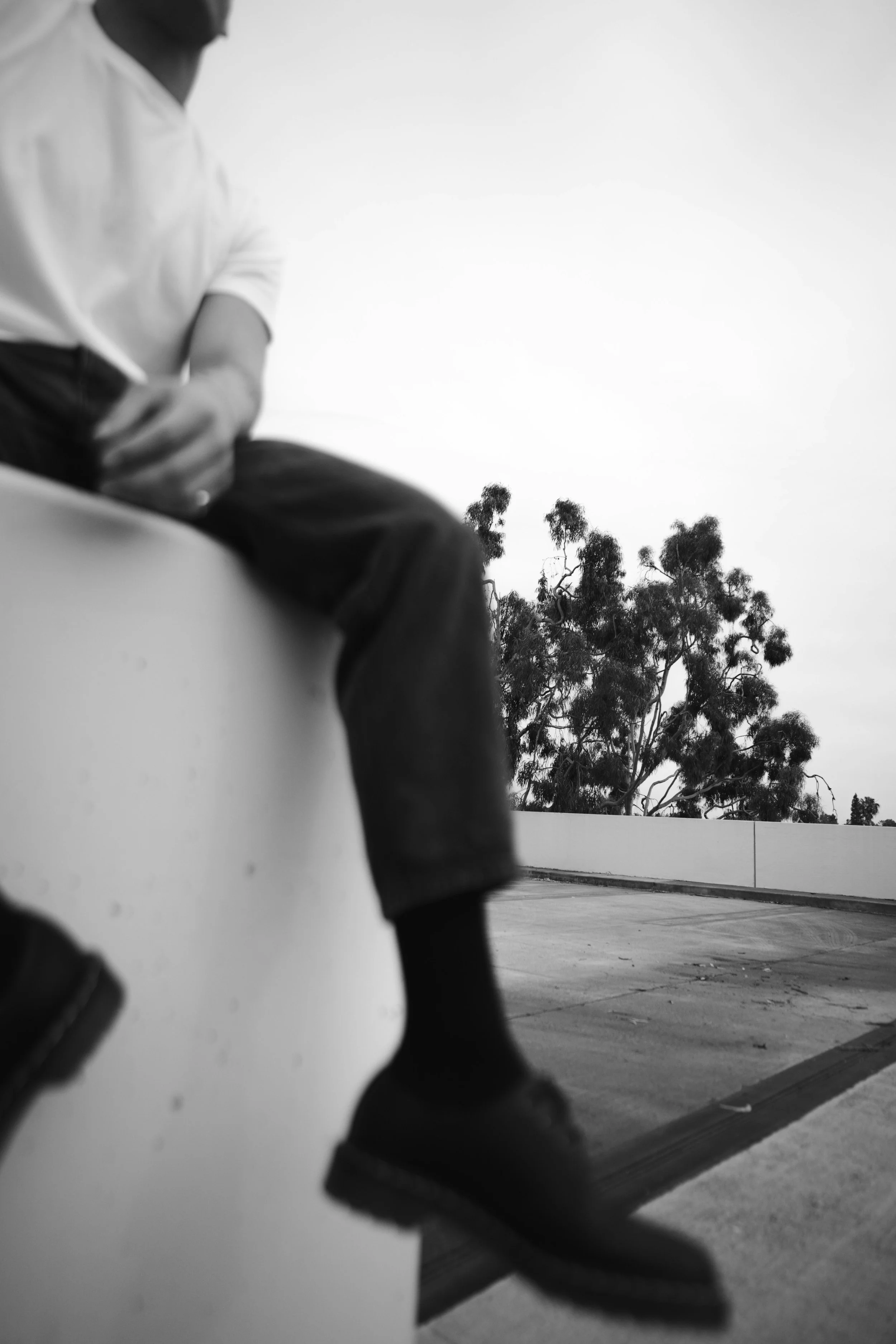 Black and white photo of a person sitting on a ledge or wall, with trees and a fence in the background, photographed from a low angle.
