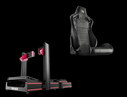 A racing simulator set with a racing seat and a steering wheel, pedals, and monitor mounts on a black background.