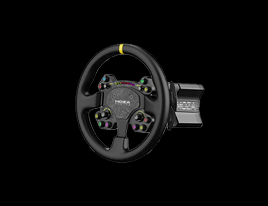Racing car steering wheel with multiple buttons and a small attached screen, black background