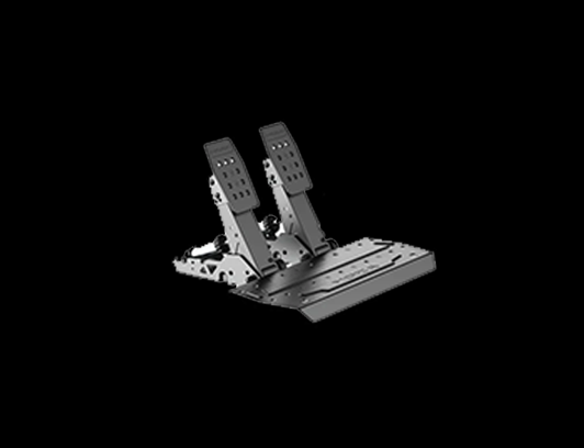 A black and white image of a computer racing pedal set with two pedals mounted on a metal base.