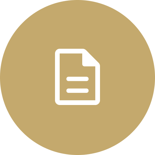 Icon of a white document with lines, on a gold circular background.