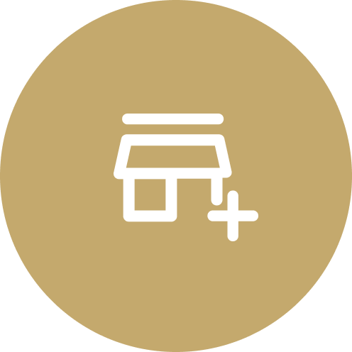 Icon of a storefront with a plus sign, indicating adding or creating a new store or business.