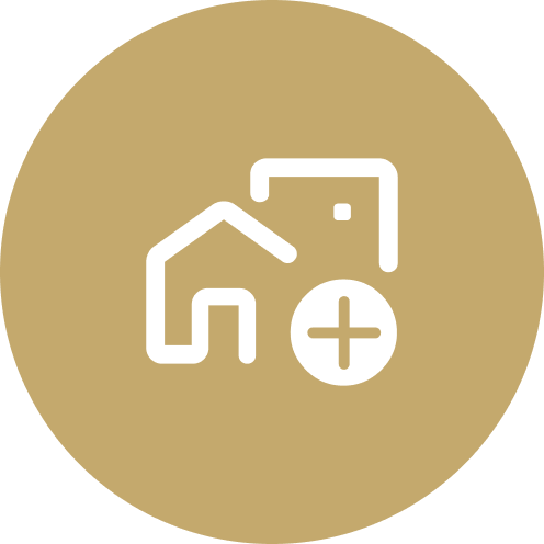 Icon of a house with a plus sign indicating adding or creating a new home or property.