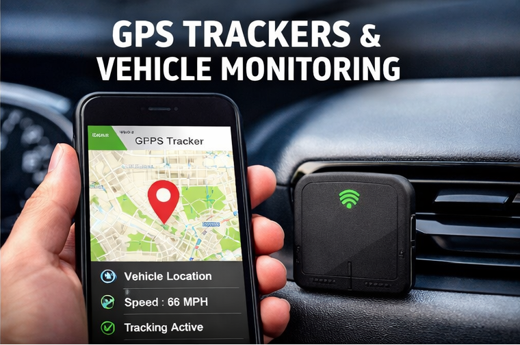 A hand holding a smartphone displaying a GPS tracker app, showing vehicle location, speed at 66 MPH, and active tracking, placed on a car dashboard next to a GPS tracking device with a green Wi-Fi icon.