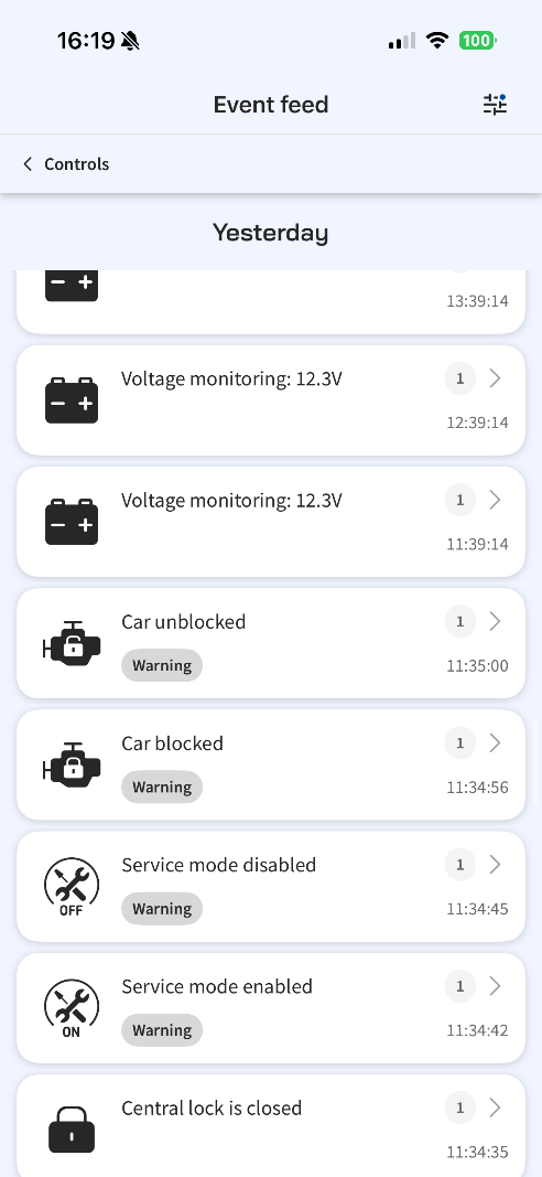 Ghost Link app event feed showing car blocked, service mode and central locking events
