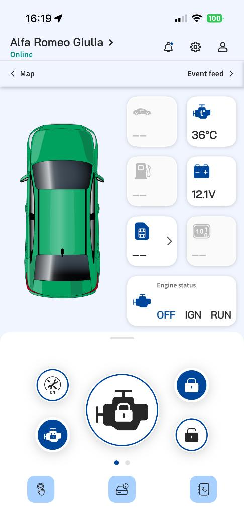 Ghost Link app vehicle overview showing temperature, battery voltage, engine status and Ghost controls
